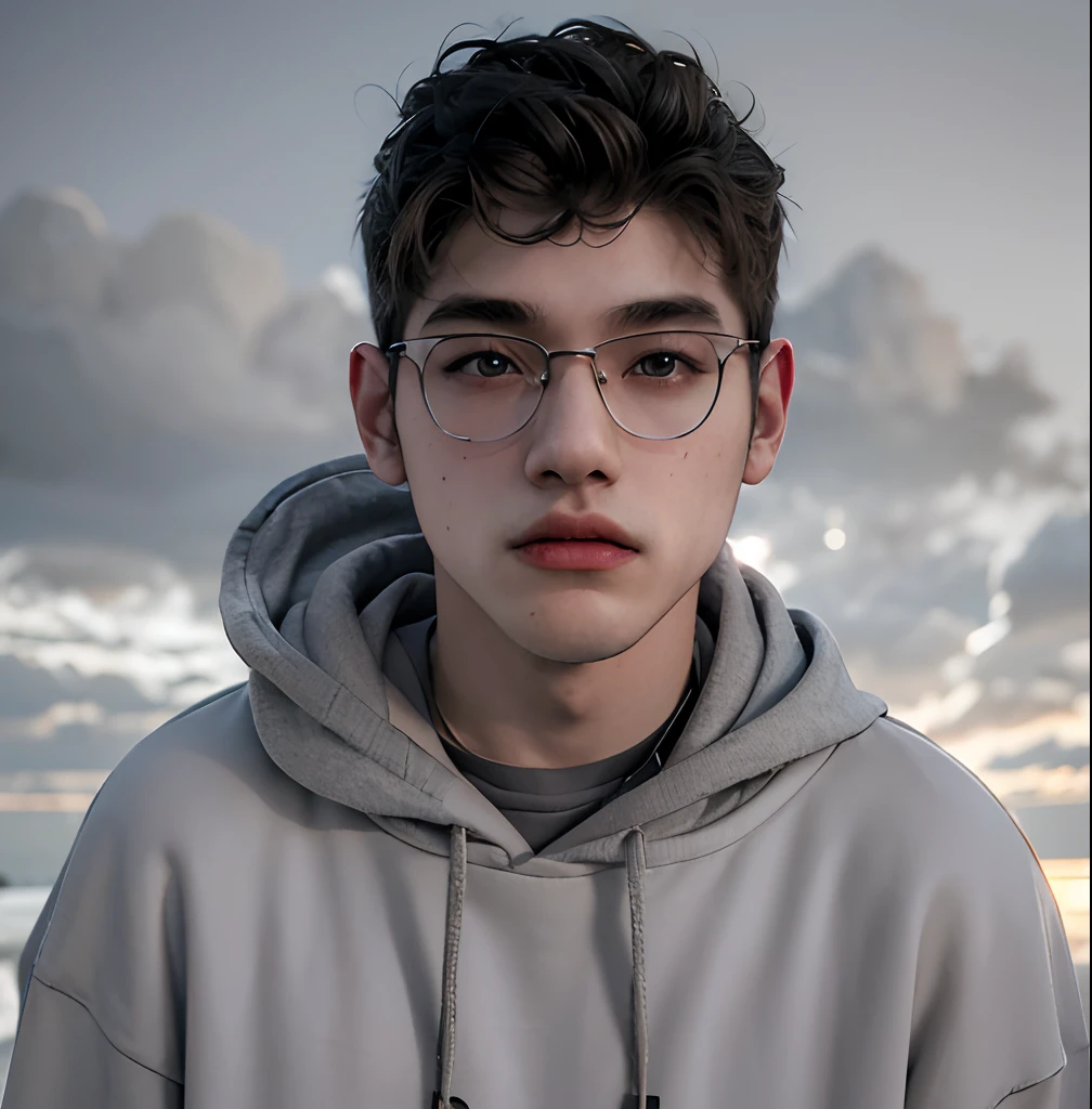 (masterpiece:1.2), (best quality:1.2), hyper realistic,highestres,absurdres,extremely detailed,volumetic,dramatic lighting,(frontal view),
20 year old boy,face,detailed eyes, grey hoodie, black t-shirt, with background ((sky))