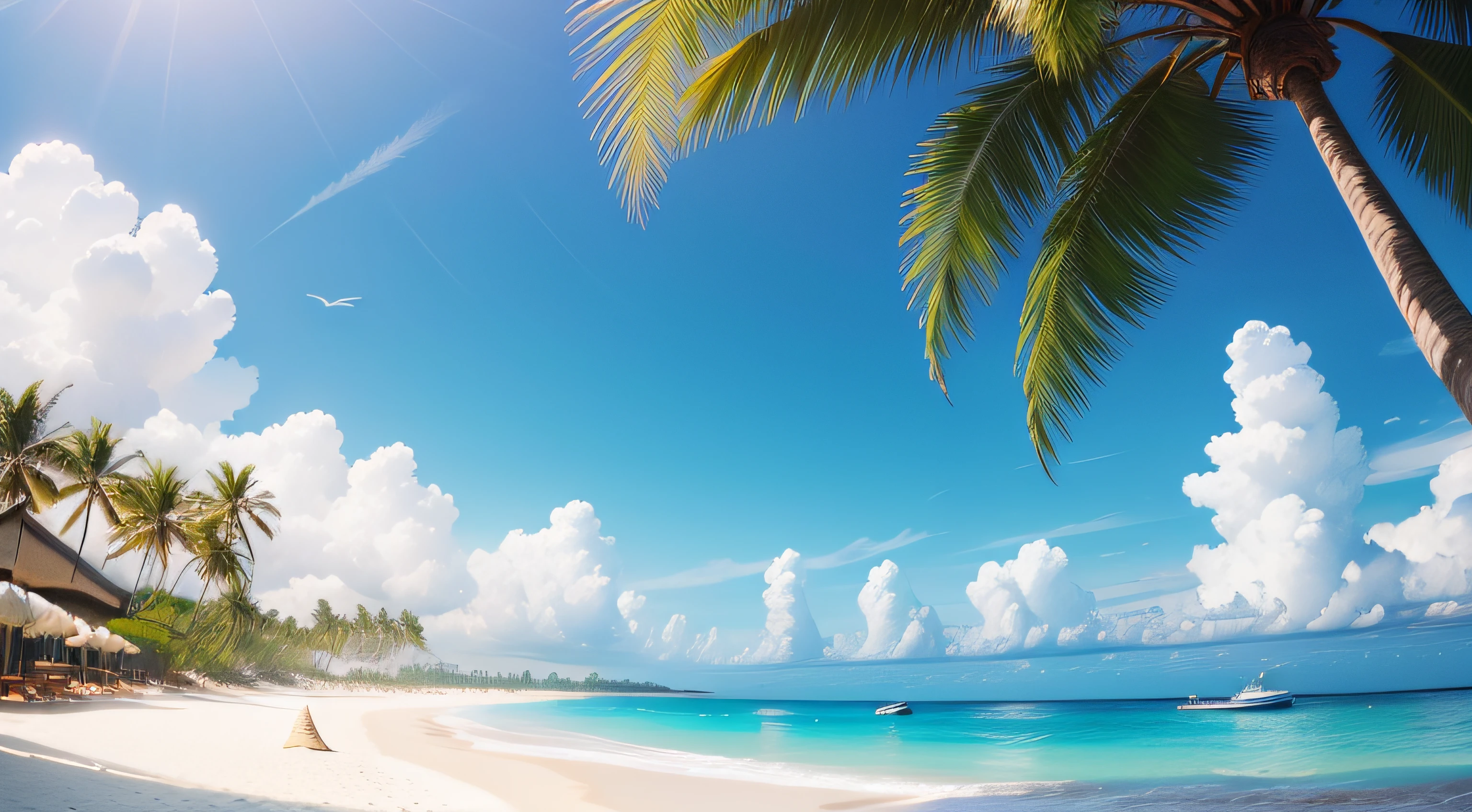 White sandy beach、Wavy、Clean sea、blue open sky、parasol、Palm trees、up、South Country、8K、top-quality、realisitic