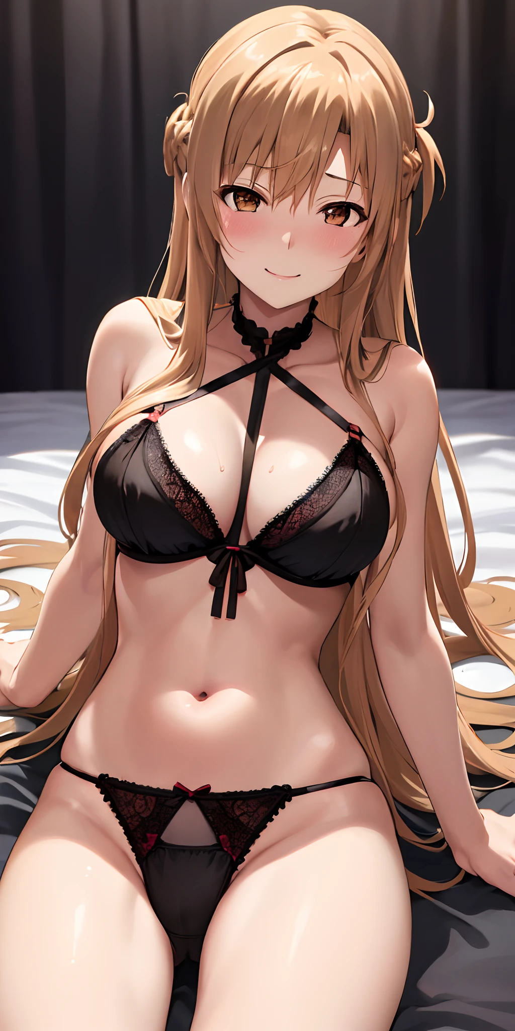 (Best quality:1.3), asuna yuuki, light brown hair, large breasts, black lingerie, lying on bed, (pov, close shot, horny, blushing:1), smiling, sexy, erotic