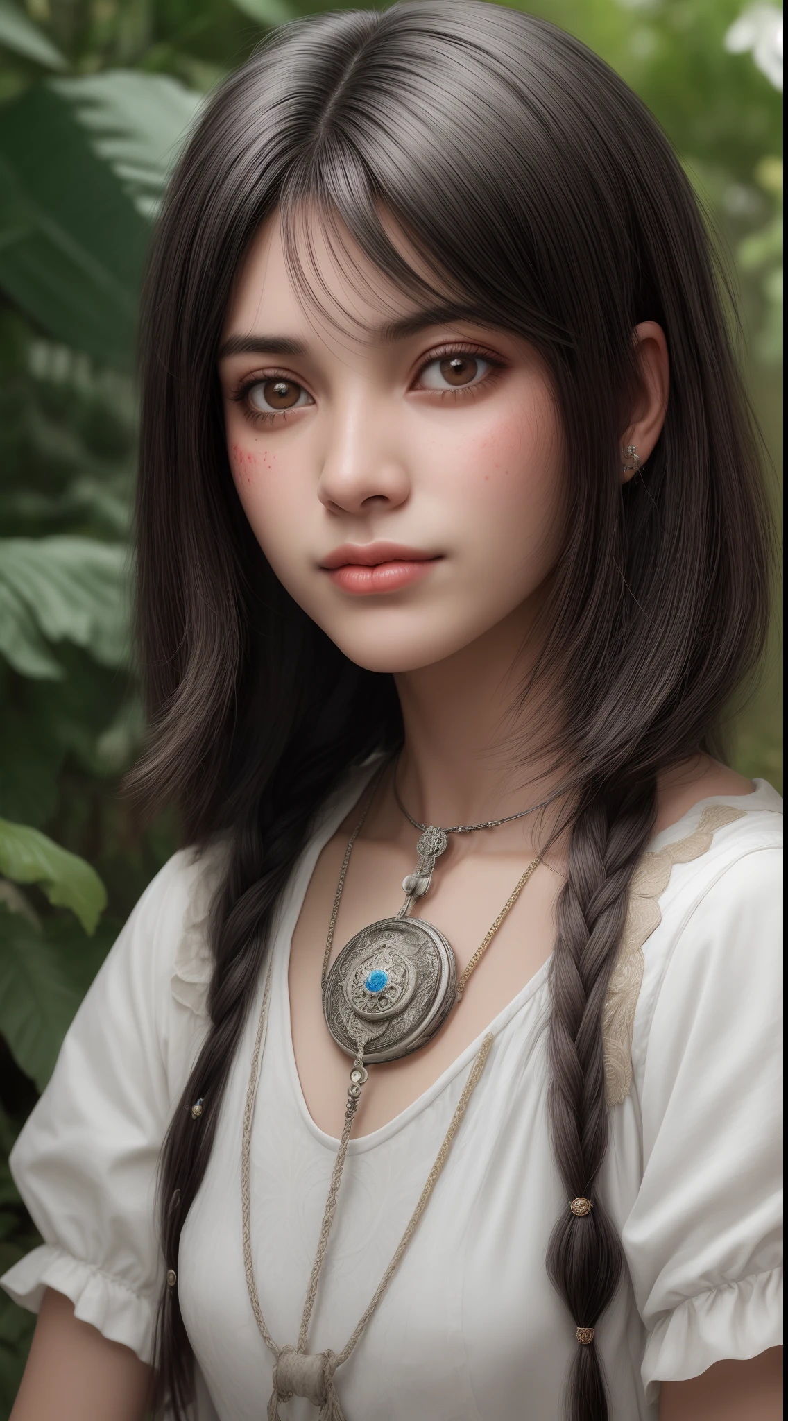 Retrato de uma jovem mexicana de 18 anos sorrindo,  Loire, olhos  grandes azuis,boca carnuda com batom vermelho, with the medallion on the neck,brinco, penetrante , seios grandes, sweaty skin with imperfections,Tatuada no rosto, ((cabelo curto franja )),( usando bone)detalhes intricados ( 8k super realista)