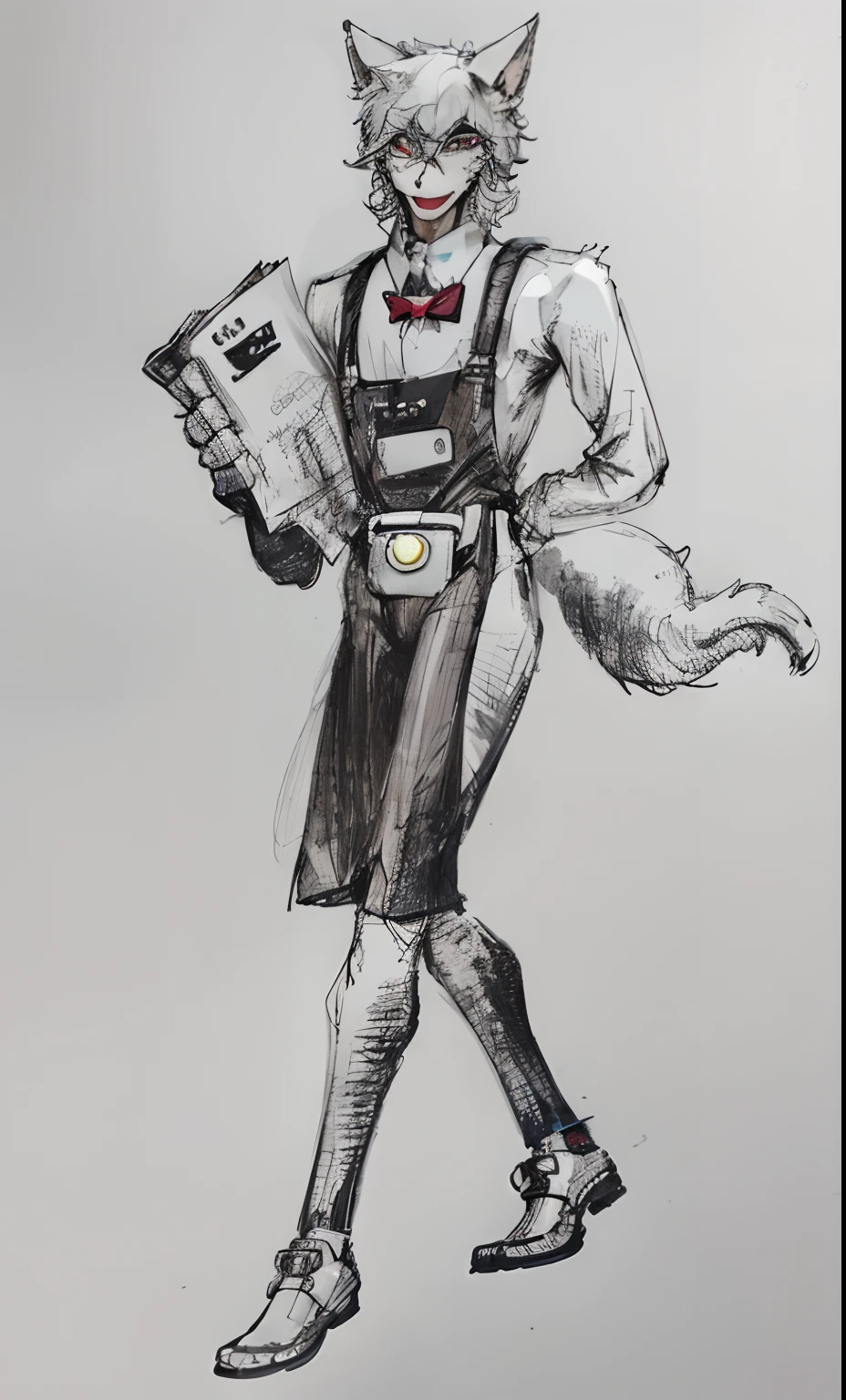 A man in a cat costume holds a drawing of a newspaper, Inspired by Bernd Farsin, anthropomorphic character, an anthropomorphic cyberpunk fox, !Anthropomorphic!, inspired by Karl Pümpin, !!!Anthropomorphic!!!, Anthropomorphic!!, Anthropomorphic fox, Inspired by Carl Hofer