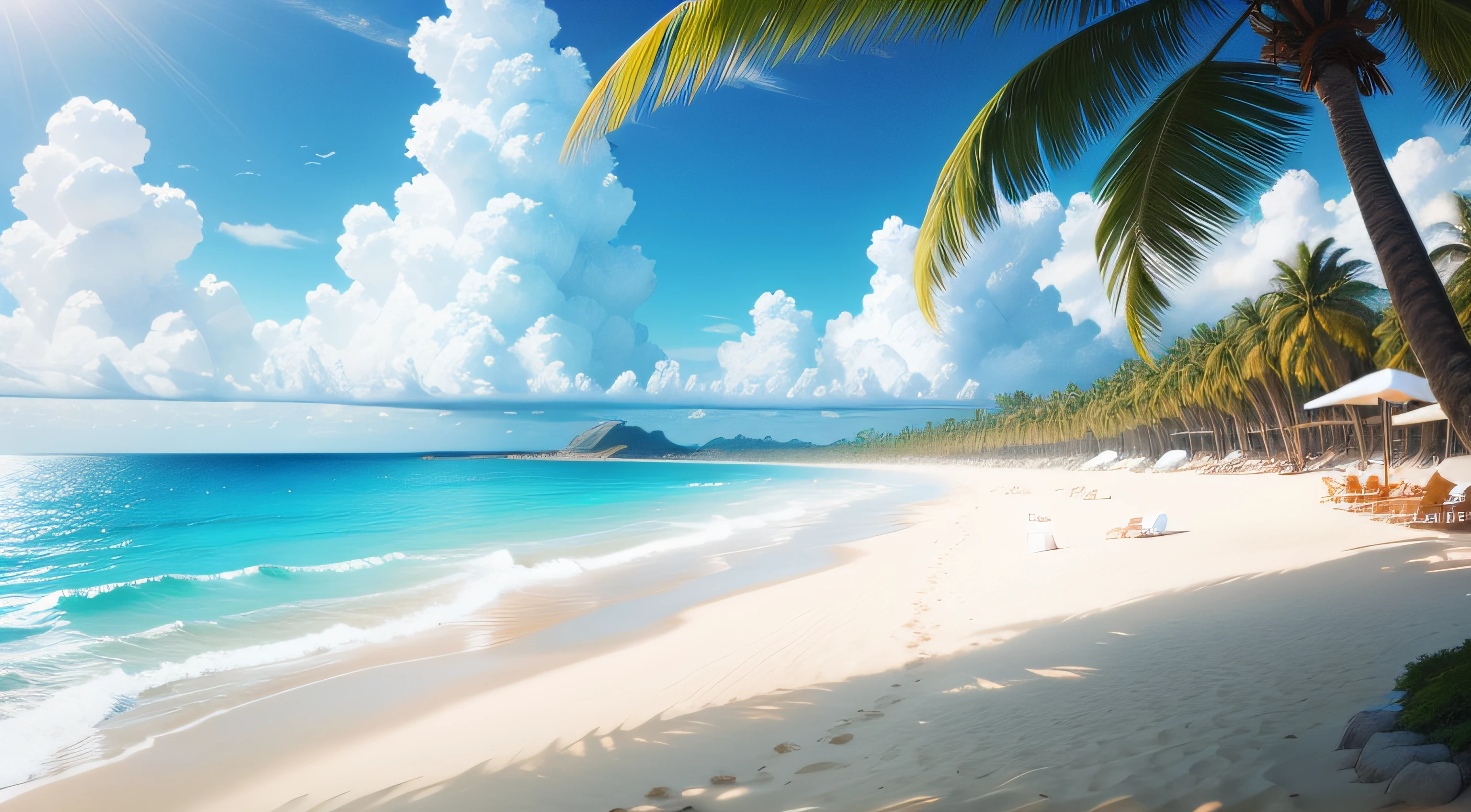 White sandy beach、Wavy、Clean sea、blue open sky、parasol、Palm trees、up、South Country、8K、top-quality、realisitic
