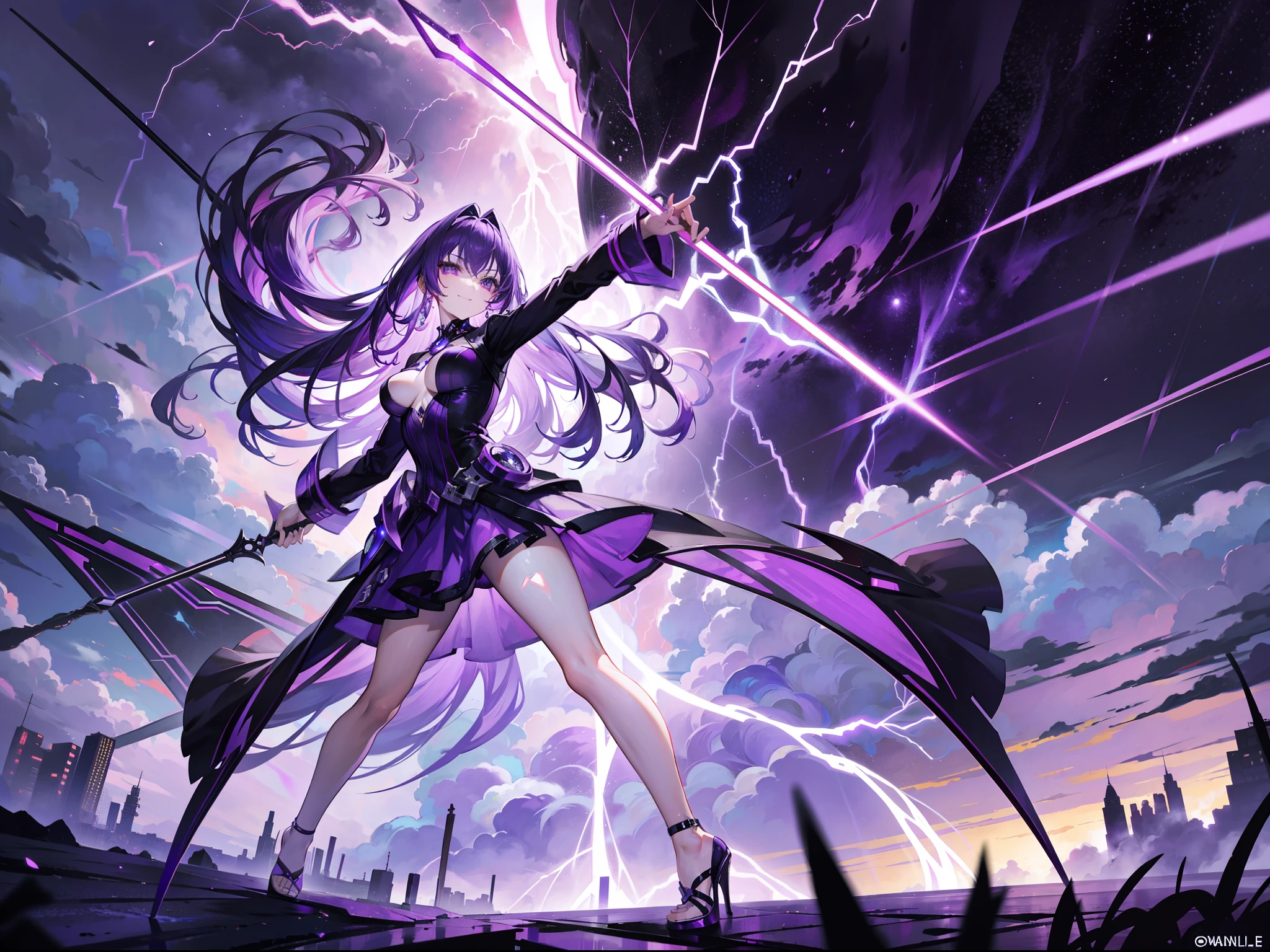 Purple-haired beautiful girl,Slim figure,emaciated,purple dress,A huge purple thunderbolt was held in his hand,Raise the thunderbolt in your hand,Interconnect with purple lightning in the sky,Stand in the background of purple lightning storm covered with dark clouds,Covered in purple lightning,Purple high heels,Bare legged,Stand on top of plenty of purple lightning and storms,With a sinister smile