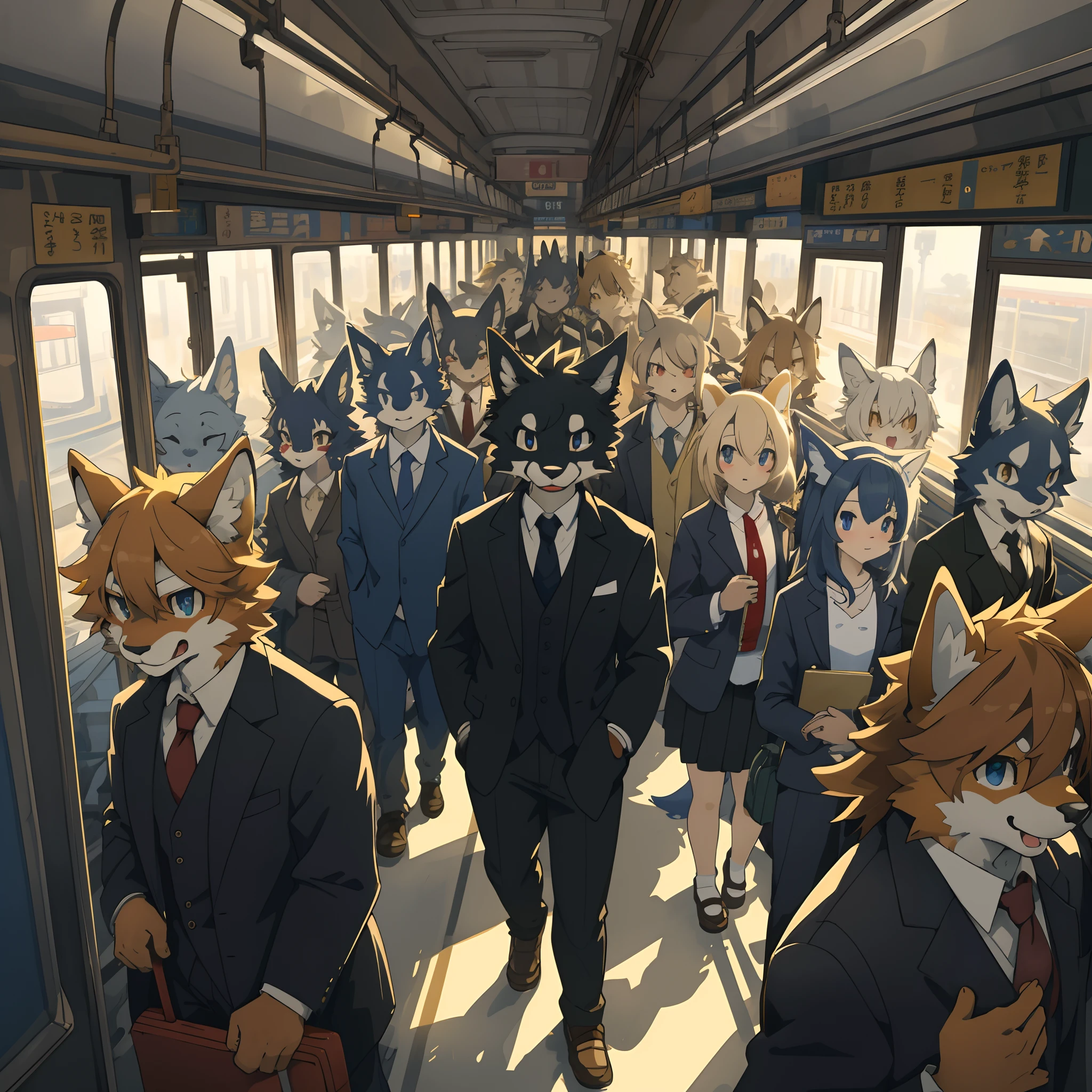 top quality, best quality, High-quality illustrations, masterpiece, super high resolution, detailed background, station, train, station shop, student, salary, suits, evening, 6+boys, 6+girls, absurdres(highly detailed beautiful face and eyes)perfect anatomy, expression, good lighting, cinematic shadow(kemono, furry anthro)assorted poses, dynamic angle,