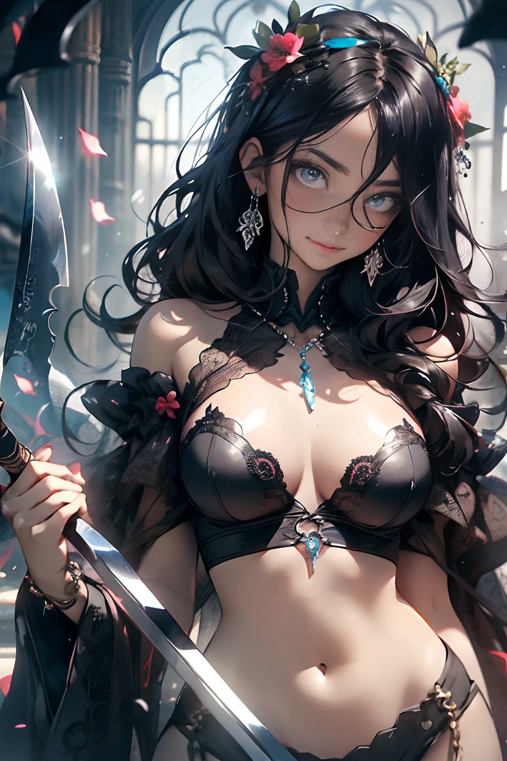 (((BLACK HAIR, [PERFECT REALISTIC EYES]))), (((HOLDING A SCYTHE IN HANDS,)))ultra realistic 8k CG, perfect face, flawless, clean, masterpiece, professional artwork, famous art, cinematic lighting, cinematic flower, perfect face, beautiful face, beautiful eyes, (((perfect female body, narrow waist))), GOTHIC, real, SINISTER, BLACK HOOD, WIDE SMILE, (DARK SETTING), fantasy, MACABRO, unreal, science fiction, (huge breasts),  BLACK clothes, lace, lace trim, lace legwear, nsfw, breasts out, absurdly long hair, very long hair, (rich: 1.4), SKULLS AROUND, intricate detail, delicate pattern, sexy, charming, seductive, seductive, ??????, charming, hair ornament, necklace, earrings, bracelet, armband, looking at the viewer