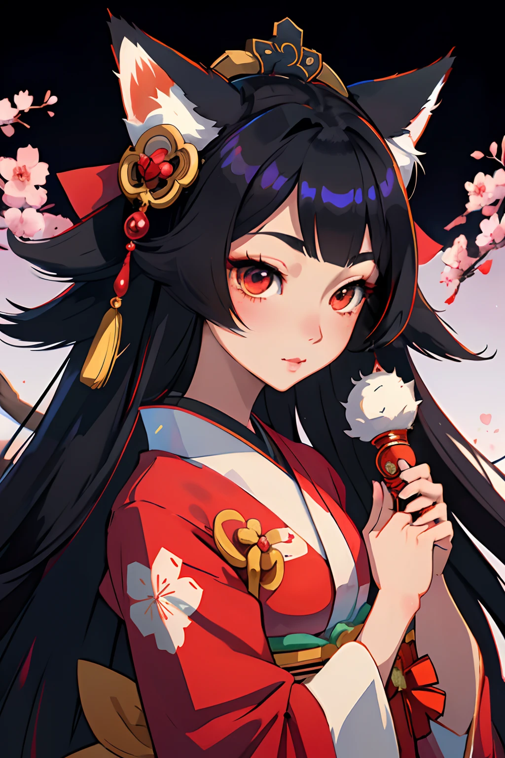 High quality, masutepiece, 1girl in, Fox Woman、Very beautiful adult woman、A detailed face、high-level image quality、细致背景、She wears a very beautiful red kimono、Sleepy face、very long beautiful black hair、Her eyes are a beautiful blue color.、The inside of the eye shines like a diamond、Fox ears are white、Bust D、(very long and beautiful shiny black hair,,,,,,,,,)(Fox ears are white)、Very beautiful female anime girl with long black hair and red and white kimono, portrait onmyoji, onmyoji detailed art, Onmyoji, artgerm and atey ghailan, anime style 4 k, Anime girl with fox ears, beautiful anime catgirl, anime style artwork, by Yang J, digital anime illustration, portrait of ahri, anime style illustration、Cheerful pose、Background Shrine