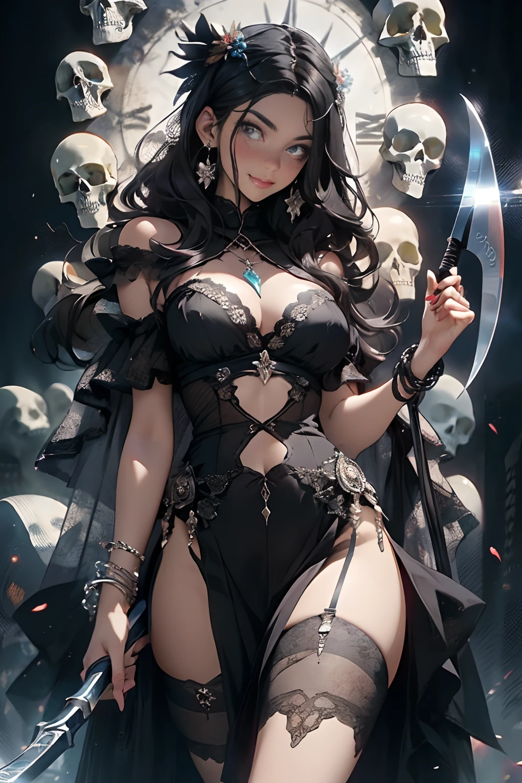 (((BLACK HAIR, [PERFECT REALISTIC EYES]))), (((HOLDING A SCYTHE IN HANDS,)))ultra realistic 8k CG, perfect face, flawless, clean, masterpiece, professional artwork, famous art, cinematic lighting, cinematic flower, perfect face, beautiful face, beautiful eyes, (((perfect female body, narrow waist))), GOTHIC, real, SINISTER, BLACK HOOD, WIDE SMILE, (DARK SETTING), fantasy, MACABRO, unreal, science fiction, (huge breasts),  BLACK clothes, lace, lace trim, lace legwear, nsfw, breasts out, absurdly long hair, very long hair, (rich: 1.4), SKULLS AROUND, intricate detail, delicate pattern, sexy, charming, seductive, seductive, erotic, charming, hair ornament, necklace, earrings, bracelet, armband, looking at the viewer