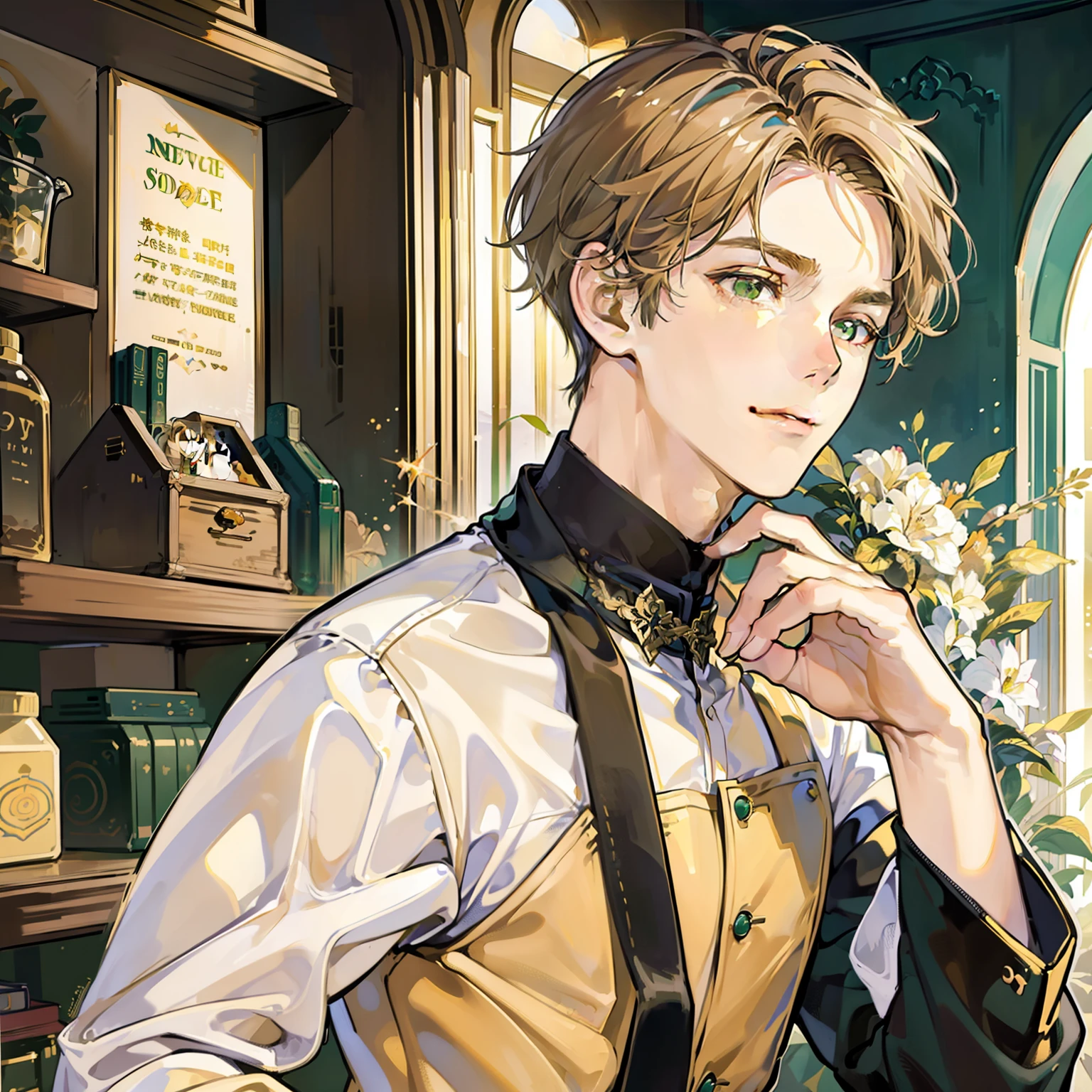 masterpiece, best quality, realistic, 1man, mature male, quiet and charming young man, 18 years old, a smirk, closed mouth, portrait, extremely detailed face, a little distant, ((dark green eyes)), ((short-side-swept sandy blonde hair)), [thick eyebrows], bookstore, ((yellow uniform without green))