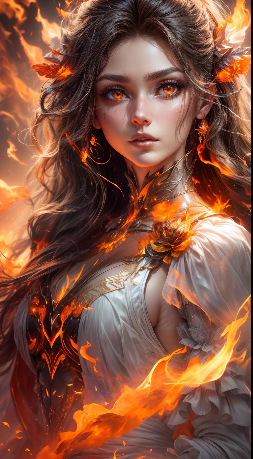 This is a realistic fantasy artwork prominently featuring realistic fire, including wisps of flames, glowing hot embers, subtle curls of smoke, and a beautiful fire druid. The druid stands in the midst of a raging inferno with an interesting composition. Her face is expertly sculpted, with elegant and refined features and perfect shading and realistic skin texture. Her (orange and gold eyes) are stunning and are the focal point of this image. (Her eyes extremely detailed, beautiful detailed eyes, and macro). Her eyes feature intricate detailing with clearly defined irises and bright sclera. Her soft lips are smooth and very puffy, and her skin is adorned with a light flush and ornate fire detailing. Her long gown is stunning and expensive, and is made of pure flames and glittering, ornate jewels that glimmer in the fire light. Her billowing gown glitters from the flames and features a delicately and intricately embroidered bodice with wisps of flames running across it. Include fantasy elements like bumps, stones, fiery iridescence, glowing embers, silk, and an interesting background. Include fiery magical creatures such as fiery birds and fiery butterflies that give off a magical and mystical aura. Lighting: Utilize the latest trends in lighting to enhance the artwork's beauty. Camera: Utilize dynamic composition to create a sense of urgency and excitement. Take inspiration from the current masters of the fantasy genre, including trending artists on Artstation and Midjourney. ((masterpiece))