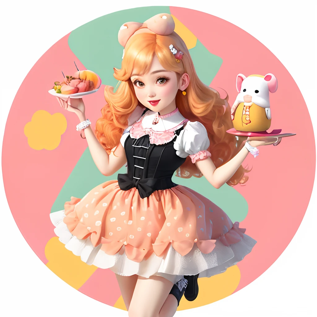 Peach anthropomorphic two-dimensional full-body picture,pink Lolita,Lively and cheerful personality,The skirt on the body is printed with peaches,Adorning the head is also a peach hairpin,Whitish skin tone,Am Biye,prettyandcute,Two-dimensional flat coating