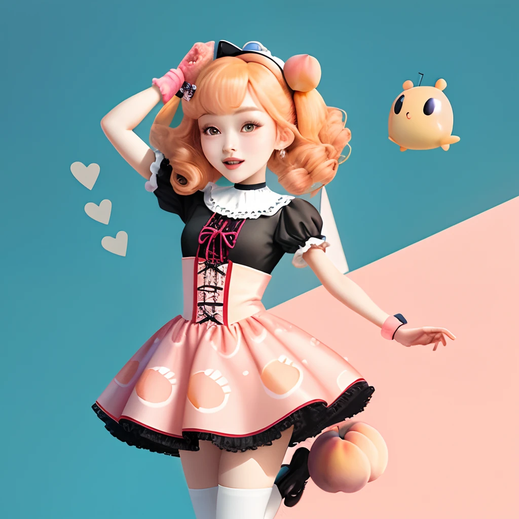 Peach anthropomorphic two-dimensional full-body picture，pink Lolita，Lively and cheerful personality，The skirt on the body is printed with peaches，Adorning the head is also a peach hairpin，Whitish skin tone，Am Biye，prettyandcute，Two-dimensional flat coating