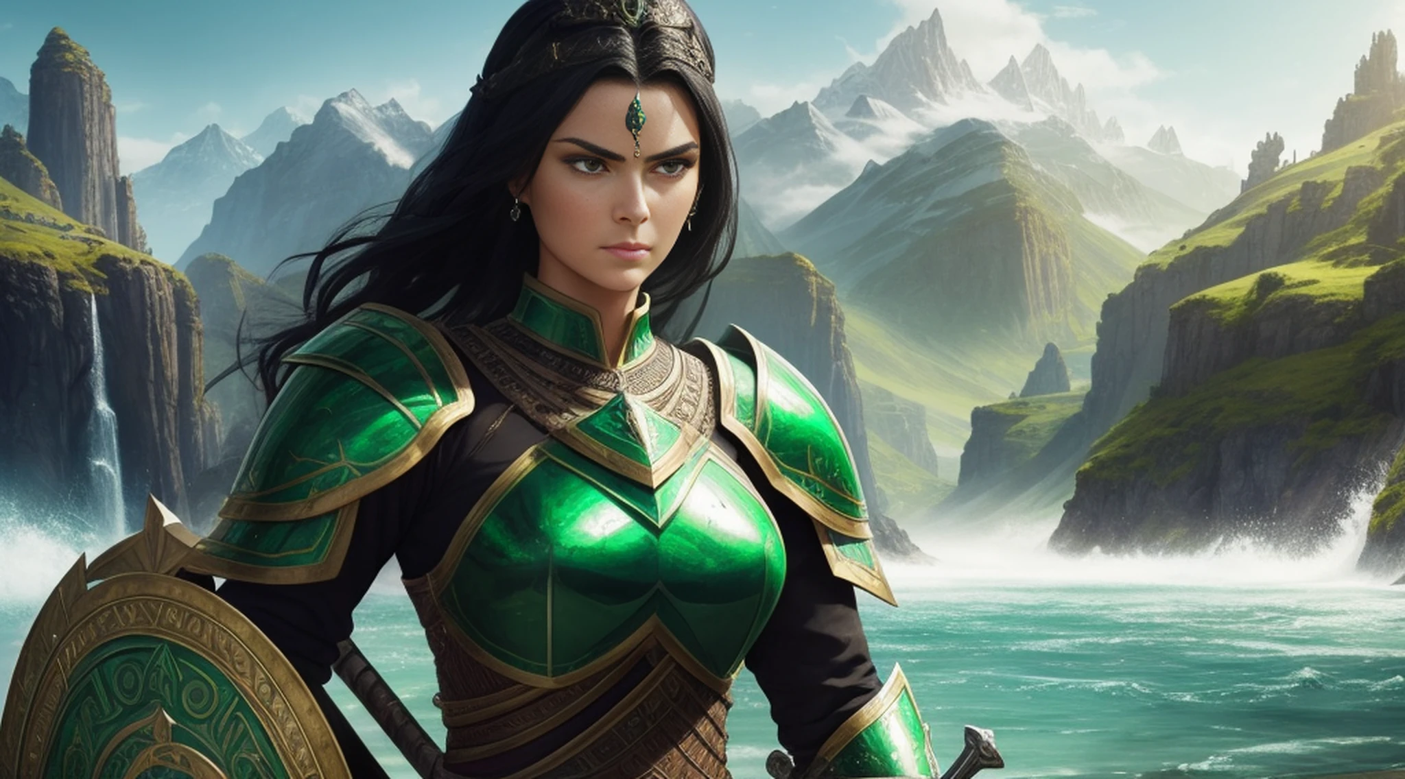 In an epic setting, A tall warrior queen woman, with emerald green armor, with black hair, green eyes, female face, (holding a sword and shield), distance in a landscape, water, (extremely detailed 8k CG unit wallpaper), most beautiful artworks in the world, majestic oil painting professional, intricate, high detail, sharp focus,  dramatic and photorealistic painting art --auto