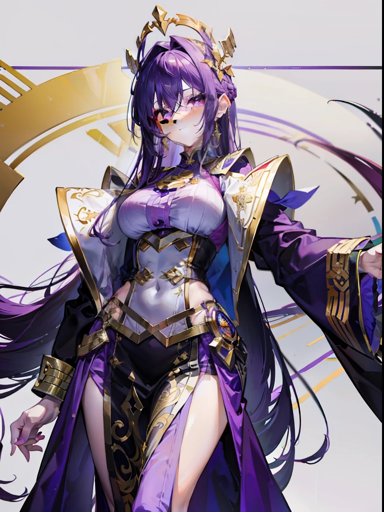 A beautiful girl wearing purple and gold with an official uniform，The hair is purple，long whitr hair，The pupils are crimson，The slim waist bodice does not reveal the figure