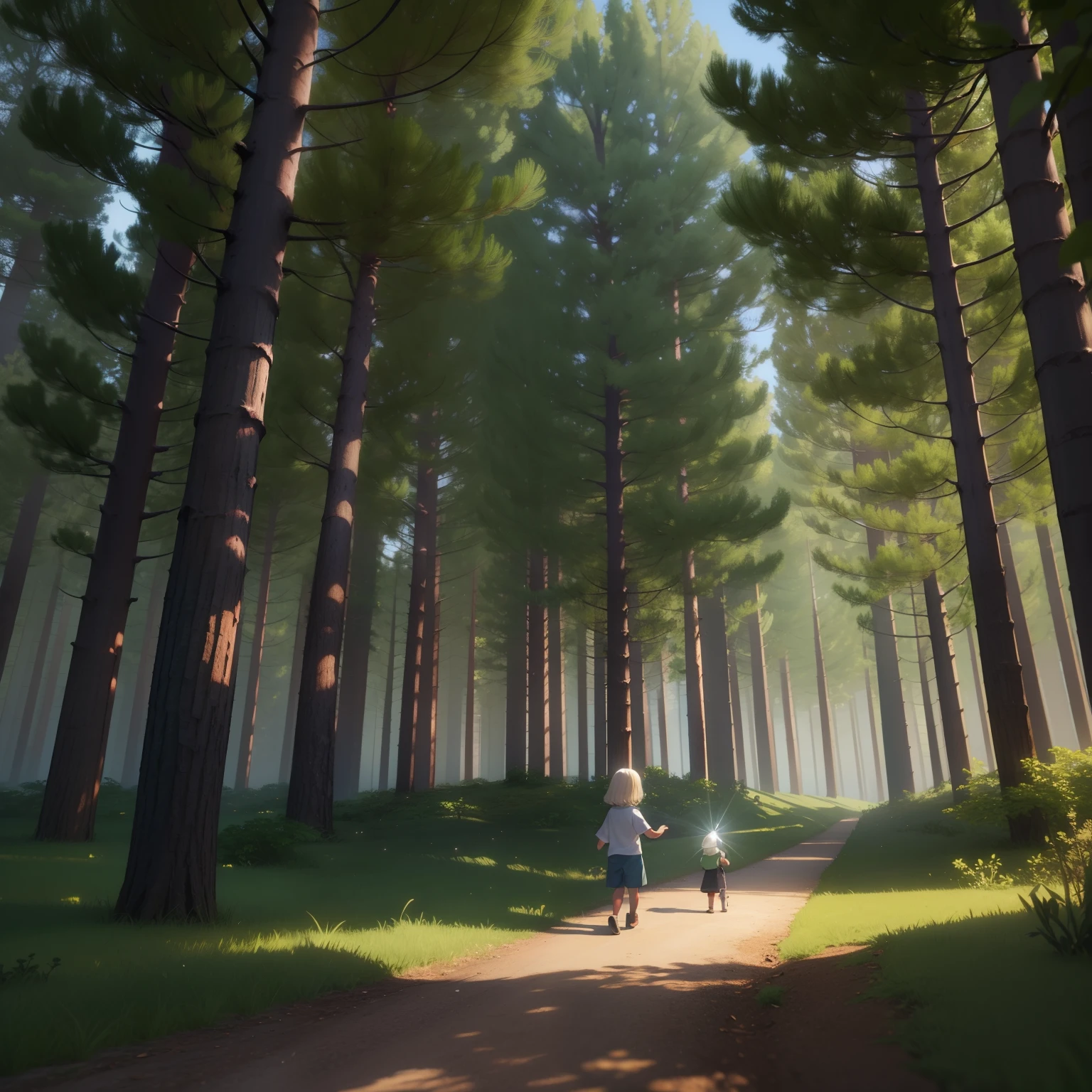 Draw a forest with trees, animais e trilhas, and a walking child holding a flashlight with mindfulness, imagem 3d
