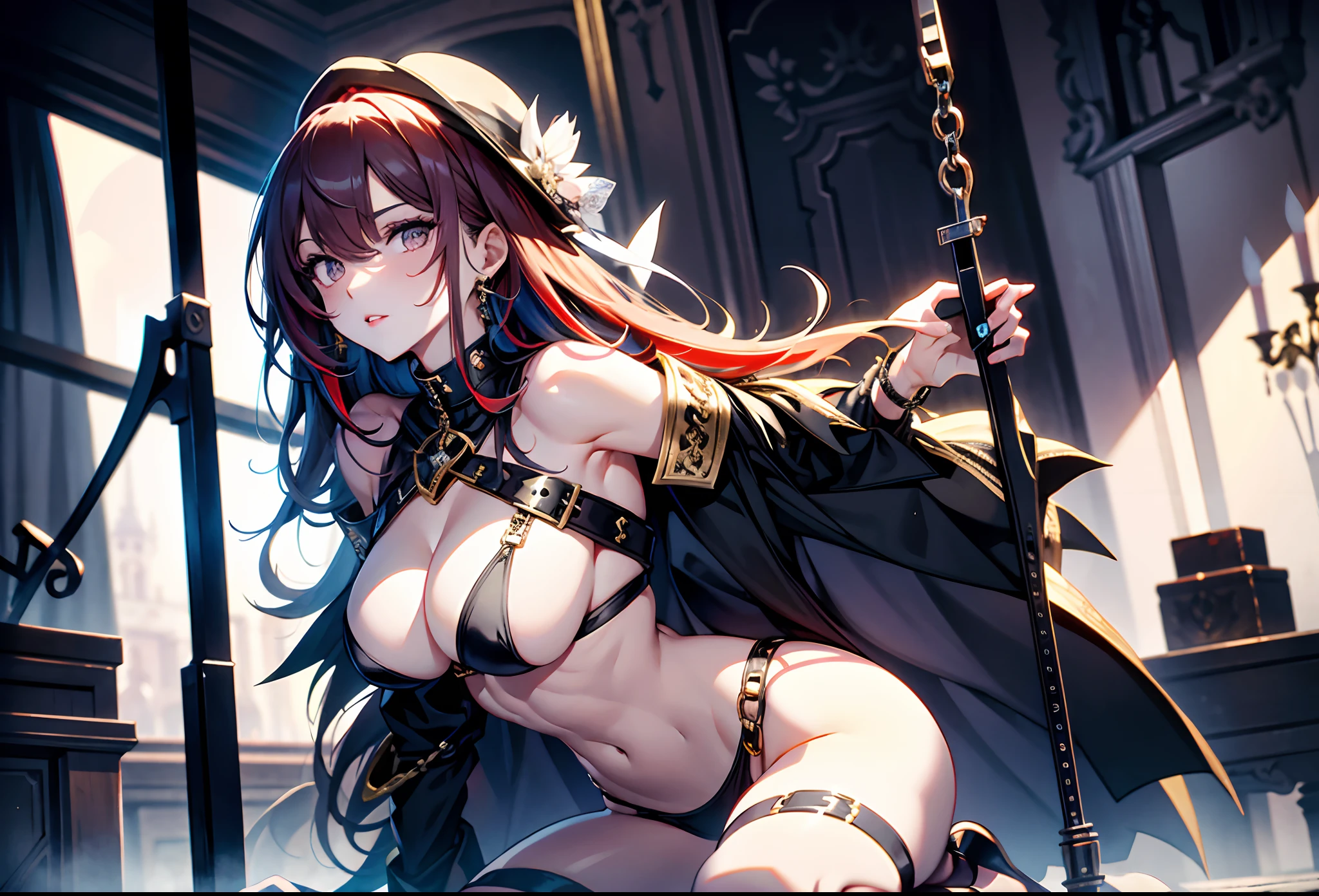 best qualityer,tmasterpiece,Ultimate resolution,downy,Extremely colorful,mature pretty woman,(Guillotine,decapitation)(Kneeling pose)(Point at you with your ass),Upper body nudity,Beauty severed head,Normal posture,Redlip,shackle,guillotine,behead,Collar,handcuff,Anklets,Normal posture
