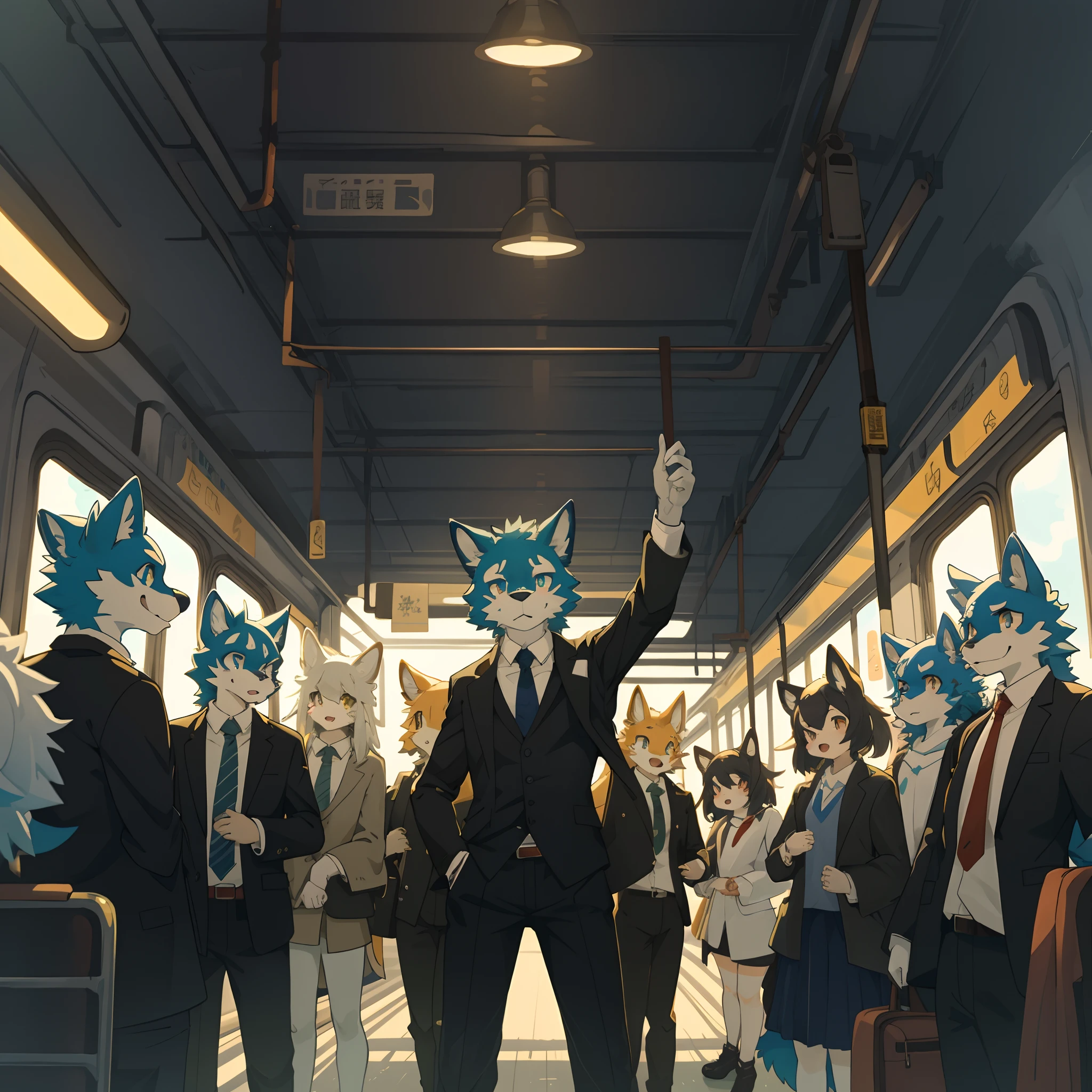 top quality, best quality, High-quality illustrations, masterpiece, super high resolution, detailed background, station, train, student, salary, suits, evening, 6+boys, 6+girls, absurdres(highly detailed beautiful face and eyes)perfect anatomy, expression, good lighting, cinematic shadow(kemono, furry anthro)assorted poses, dynamic angle,