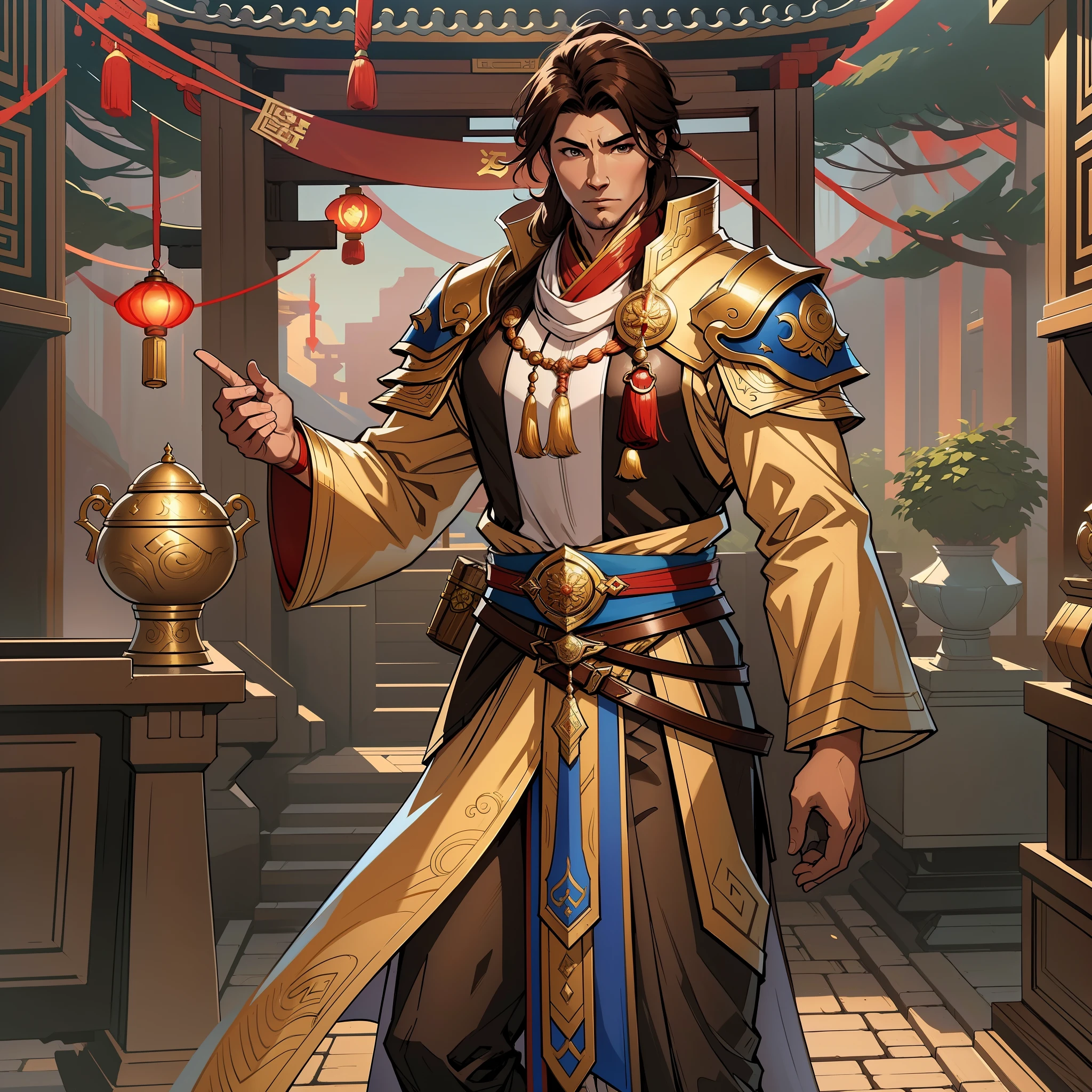 a close up of a strong man in his 30's, with brown eyes and scruffy brown hair, wearing a white and blue mage's robes, a hero with brown eyes, male holding a bo staff, mage with light magic, standing in a chinese temple, new costume concept design, in the style of blade and soul, full body character concept, detailed character design, inspired by Yang Jin, inspired by Li Mei-Shu, chinese costume, inspired by Lan Ying, inspired by Sim Sa-Jeong, inspired by Li Tang, lunar themed attire, costume with gold accents, inspired by Ju Lian, colored concept art, highly detailed character design, highly detailed face, inspired by Ai Xuan, very highly detailed face, unreal engine render, final fantasy 14 style, inspired by Leng Mei