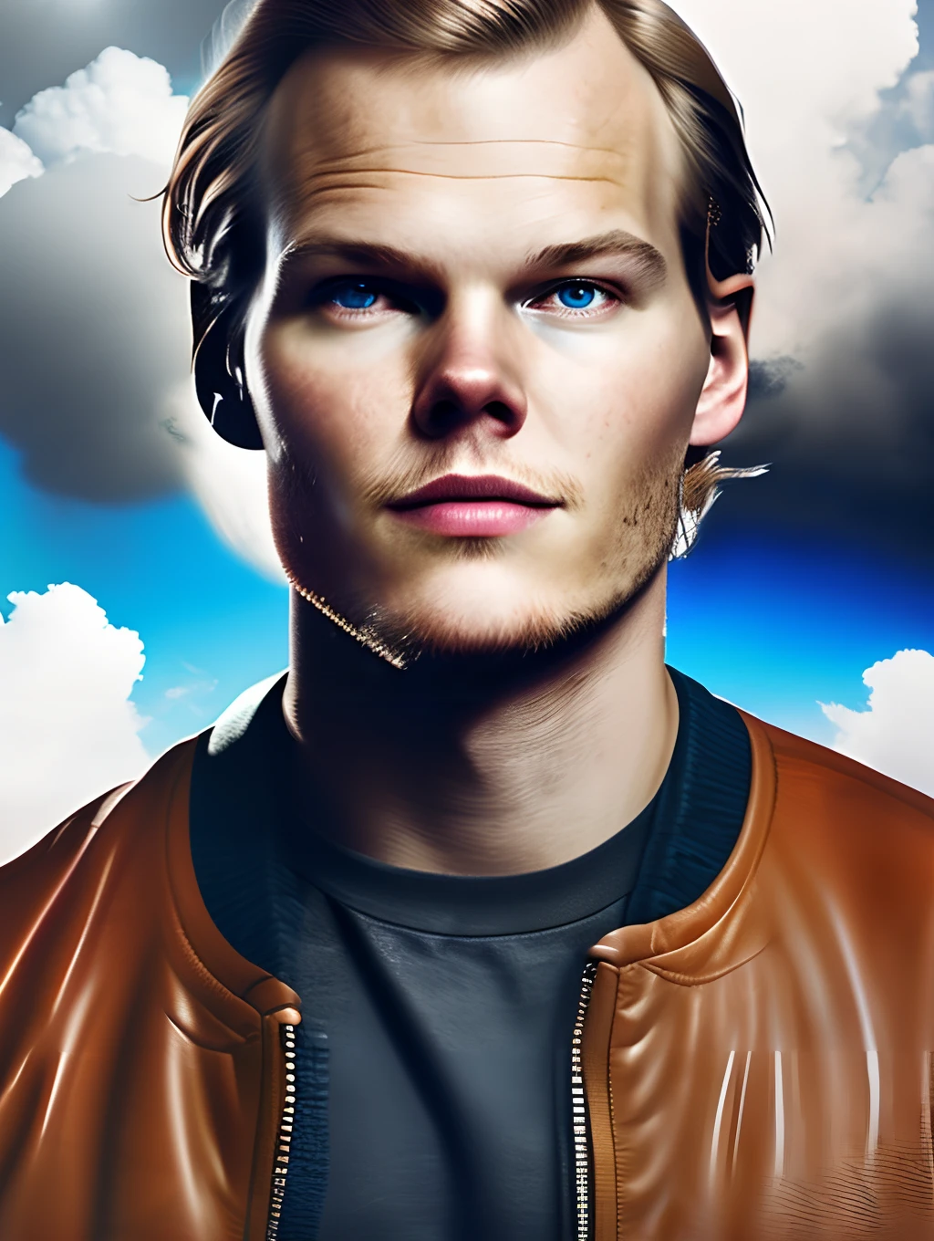 Realistic portrait photo of Avicii, surrounding by clouds ,headshot photography, documentary photography, hyper realism, dreamy glow, hipster, looking at the viewer
