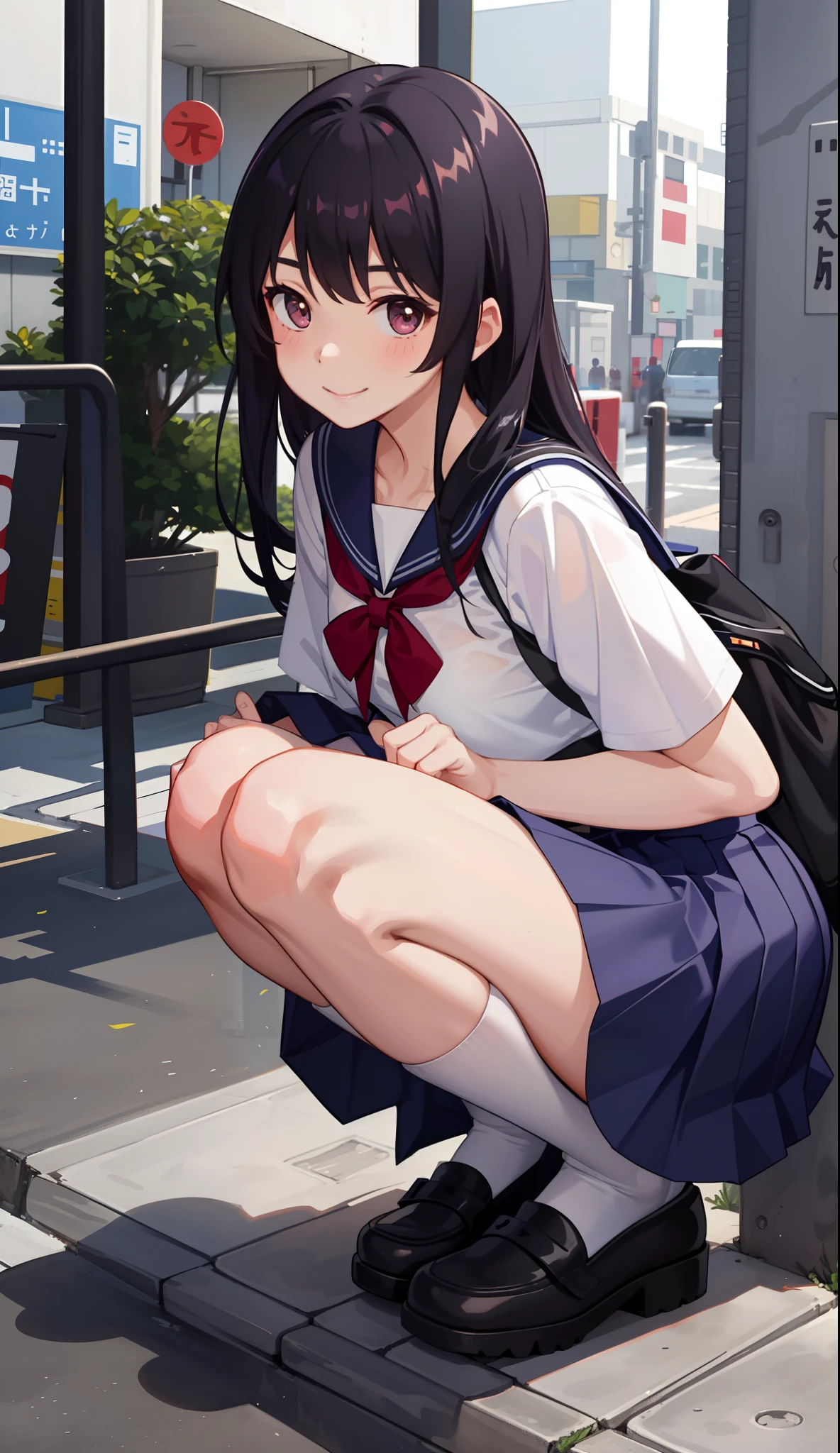 1girl in、A smile、The shirt、skirt by the、(small tits)Chilarism、Japan High School Student Uniform、serafuku、summer clothing、(Sheer Bra)、Upper body portrait、Squatting panchira、
