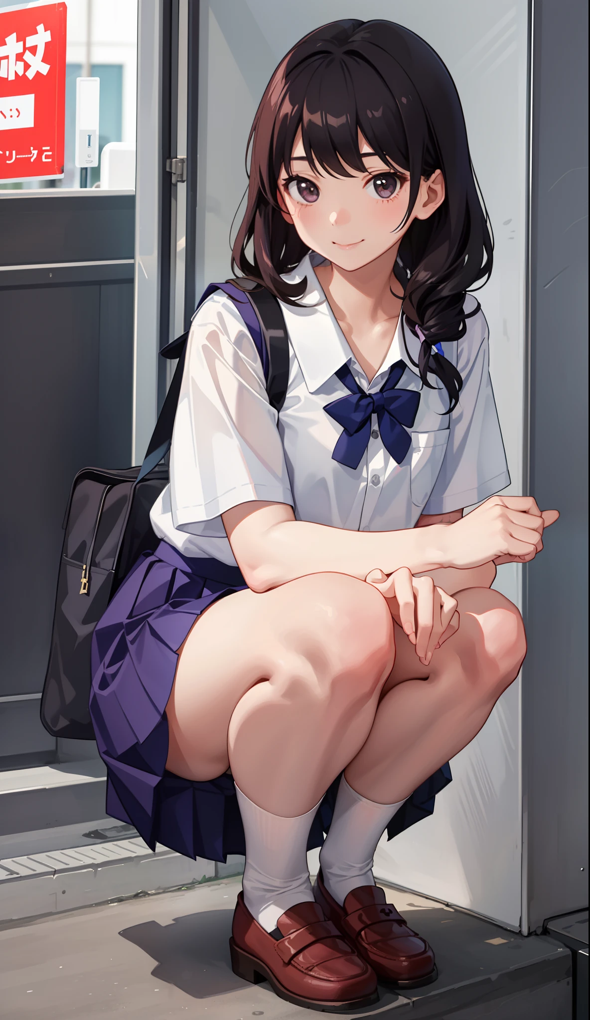 1girl in、A smile、The shirt、skirt by the、（small tits）Chilarism、Japan High School Student Uniform、serafuku、summer clothing、（Sheer Bra）、Upper body portrait、Squatting panchira、
