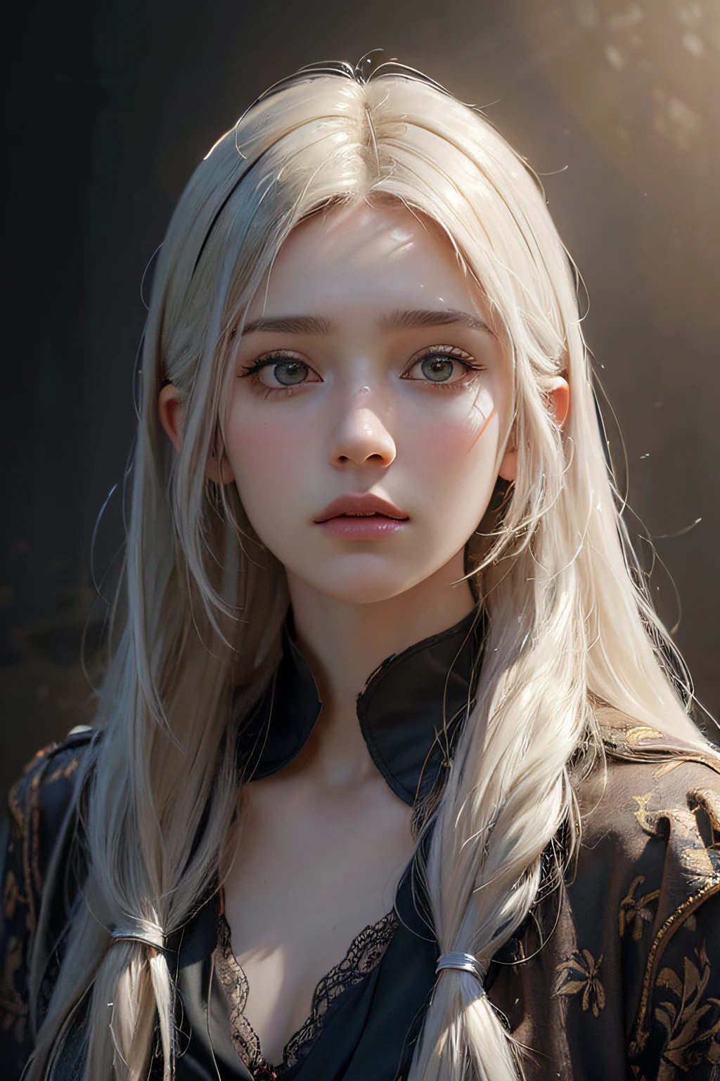 Hyperrealist portrait of female by david hockney and alphonse mucha,fantasy art, photo realistic, dynamic lighting, artstation, poster, volumetric lighting, very detailed faces, 4 k, award winning,, 1girl, in the dark, deep shadow, low key,cowboy shot,(official clothing:1.4) ,long hair,white hair,