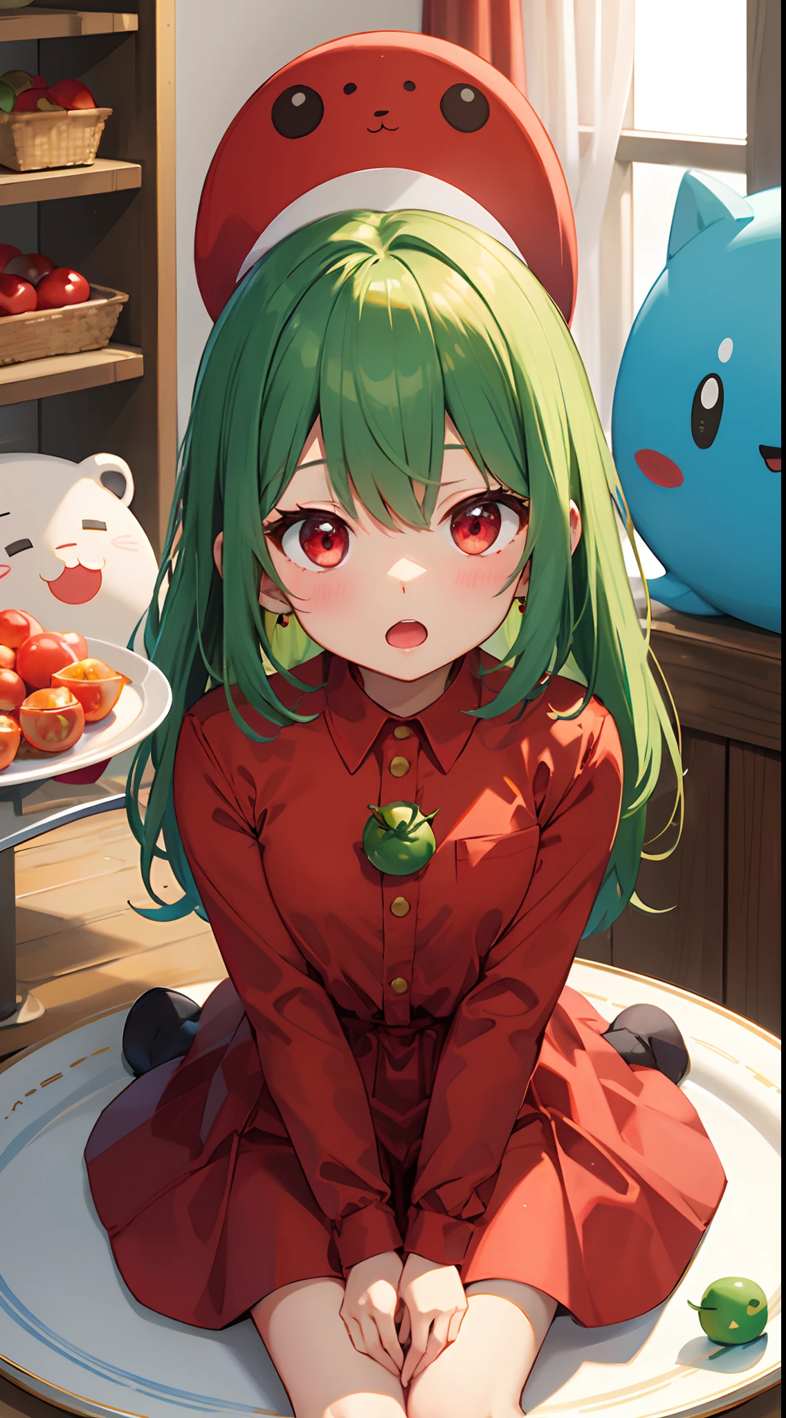 White tray、girl with、little man、Red eyes、Green hair、outfits：Tomato、Cosplay：Tomato、plushies、red outfit（（Dwarf sitting on a plate：1.8））、kawaii、be frightened、tremble for