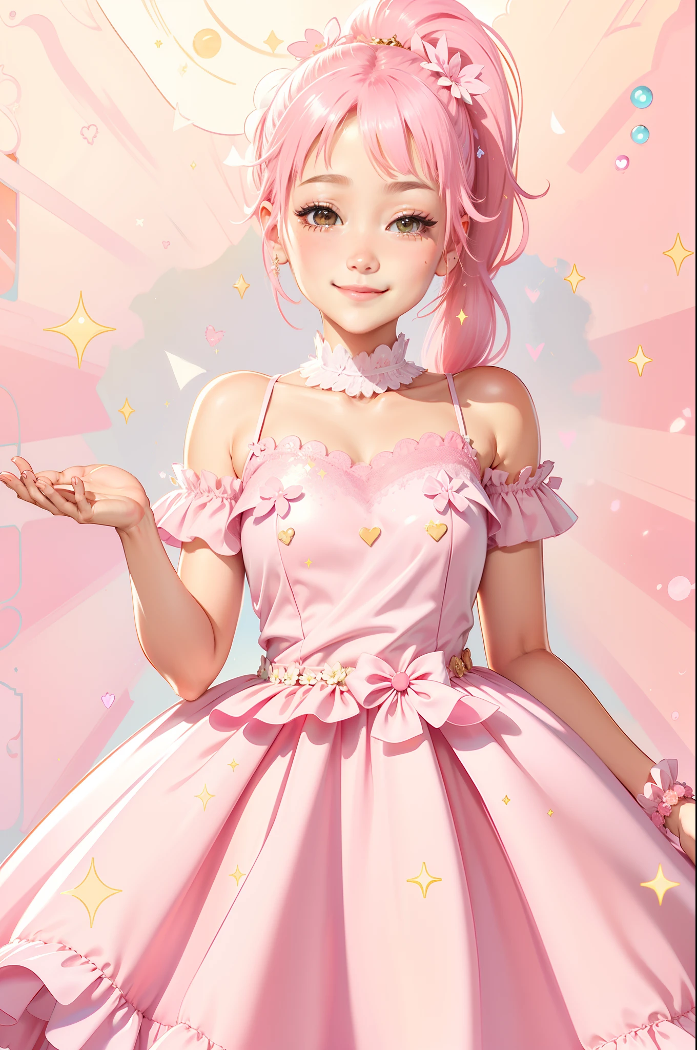 (Cute pink double ponytail smile idol, A brilliant dreamy aura, Clear and high resolution, Spring sun sprinkles on pink gauze dress)