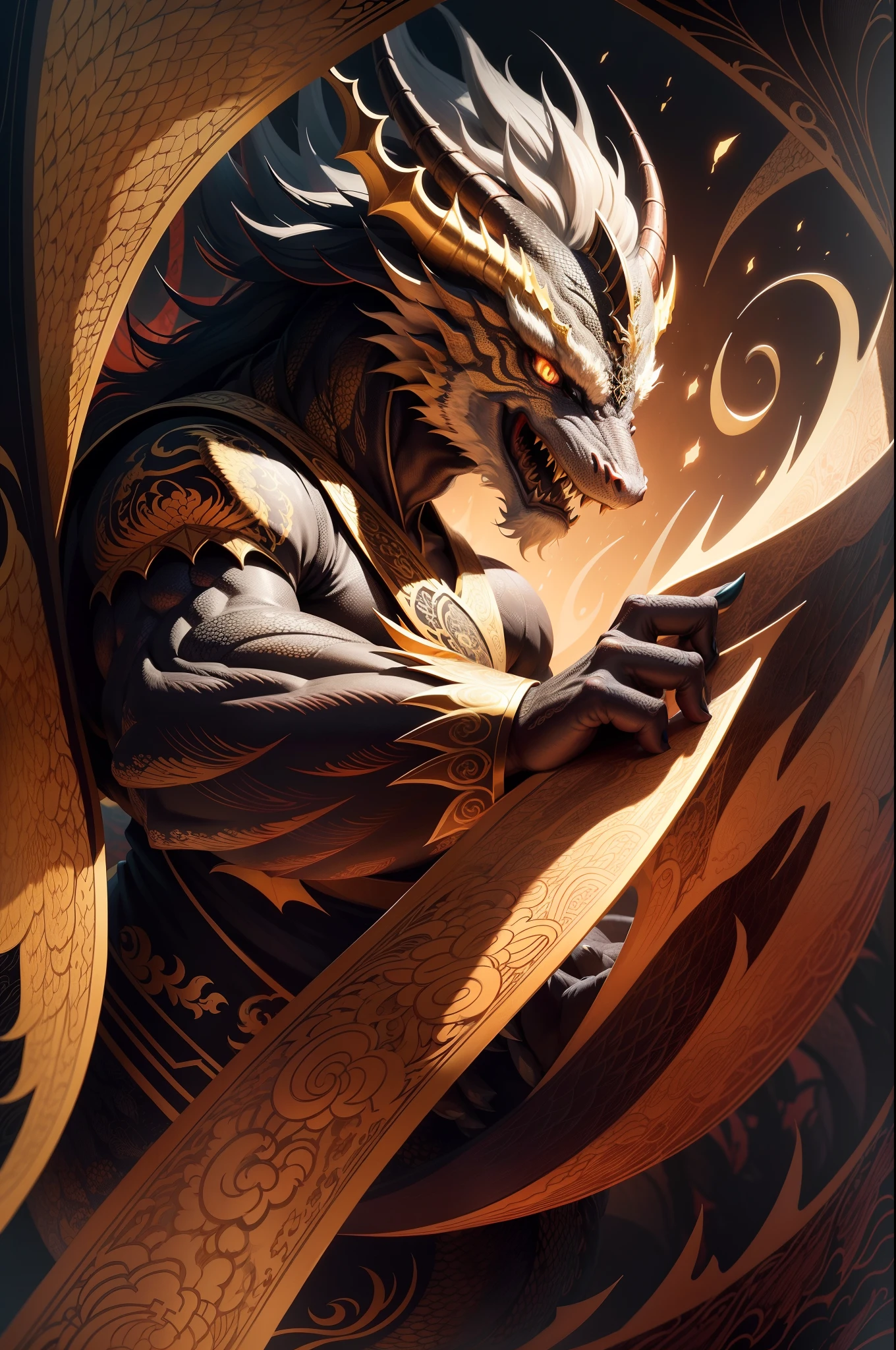 Hand-drawn style, paper-cut style, image of a dragon, intricate details, vibrant colors, traditional Chinese art, mythical creature, fierce expression, flowing mane, claws, scales, dynamic pose, masterfully shaded, high contrast, black background, gold accents, intense gaze, traditional brush strokes, digital painting, 4K UHD resolution.