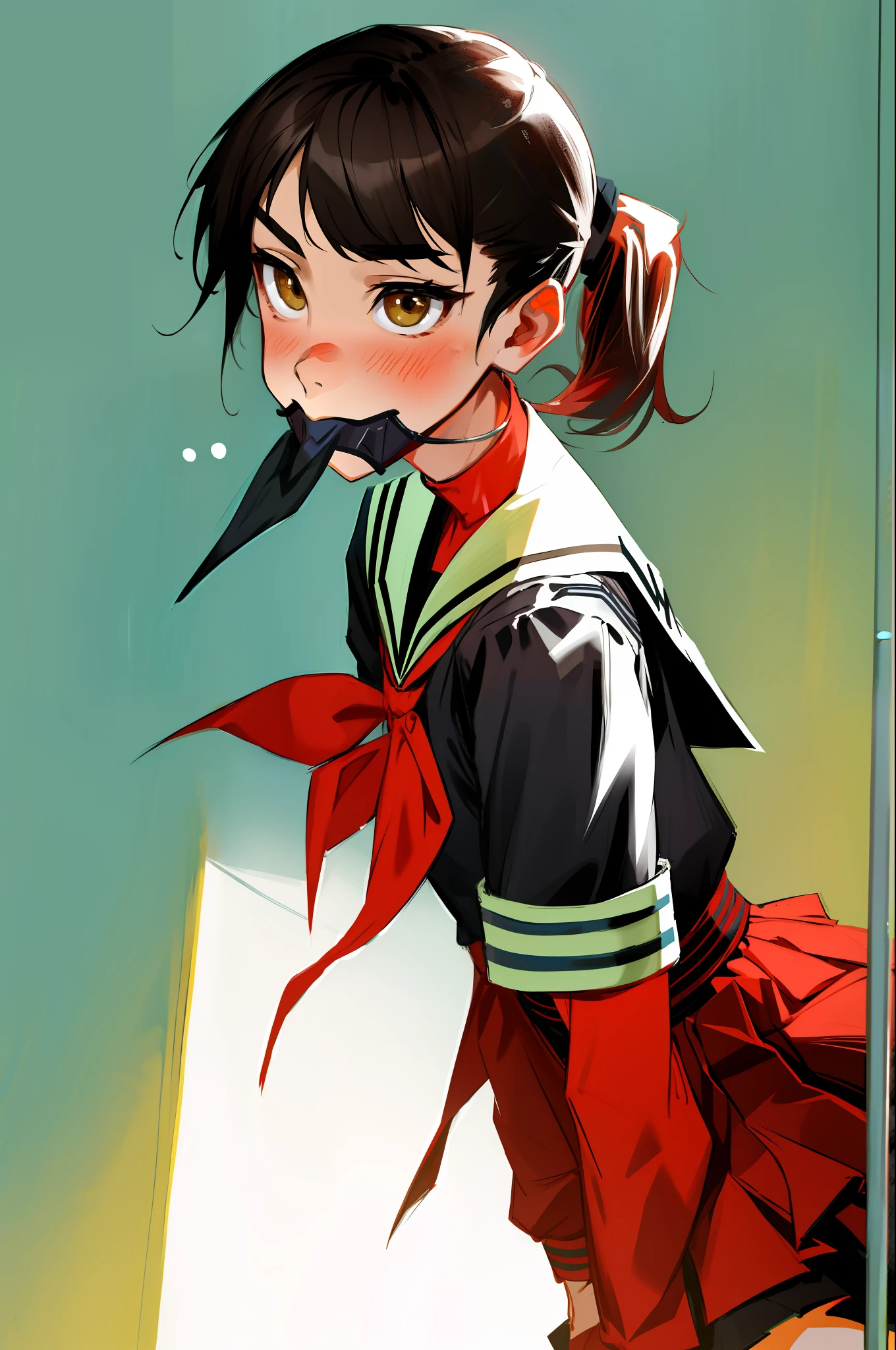 masterpiece, best quality, boy, crossdressing, student, short hair, high ponytail, seifuku, gag,