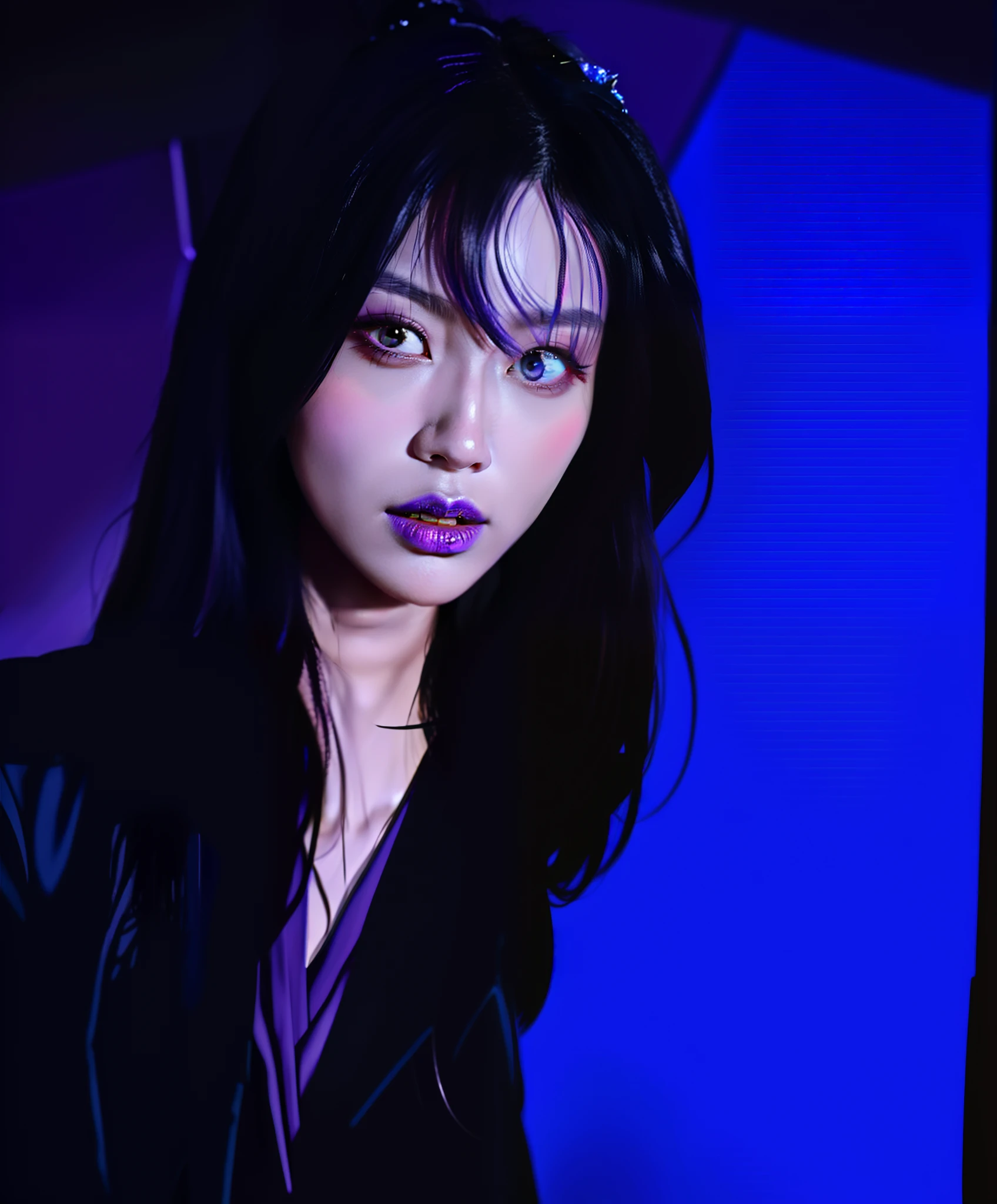 Kizi,23years old,Asian people,Works of masters,Best image quality,Higher quality,high detal,超高分辨率,8K分辨率,Exquisite facial features,girls ,Glowing eyes,long whitr hair,the detail, ,[[Look away,Look to the side,Emphasize homosexuality and pay attention to every detail ,Purple magic,Purple lipstick,Purple-black makeup,Purple magic costume with spikes,jeweled accents,Spiked decoration,Behind is the magic mirror,Demon King