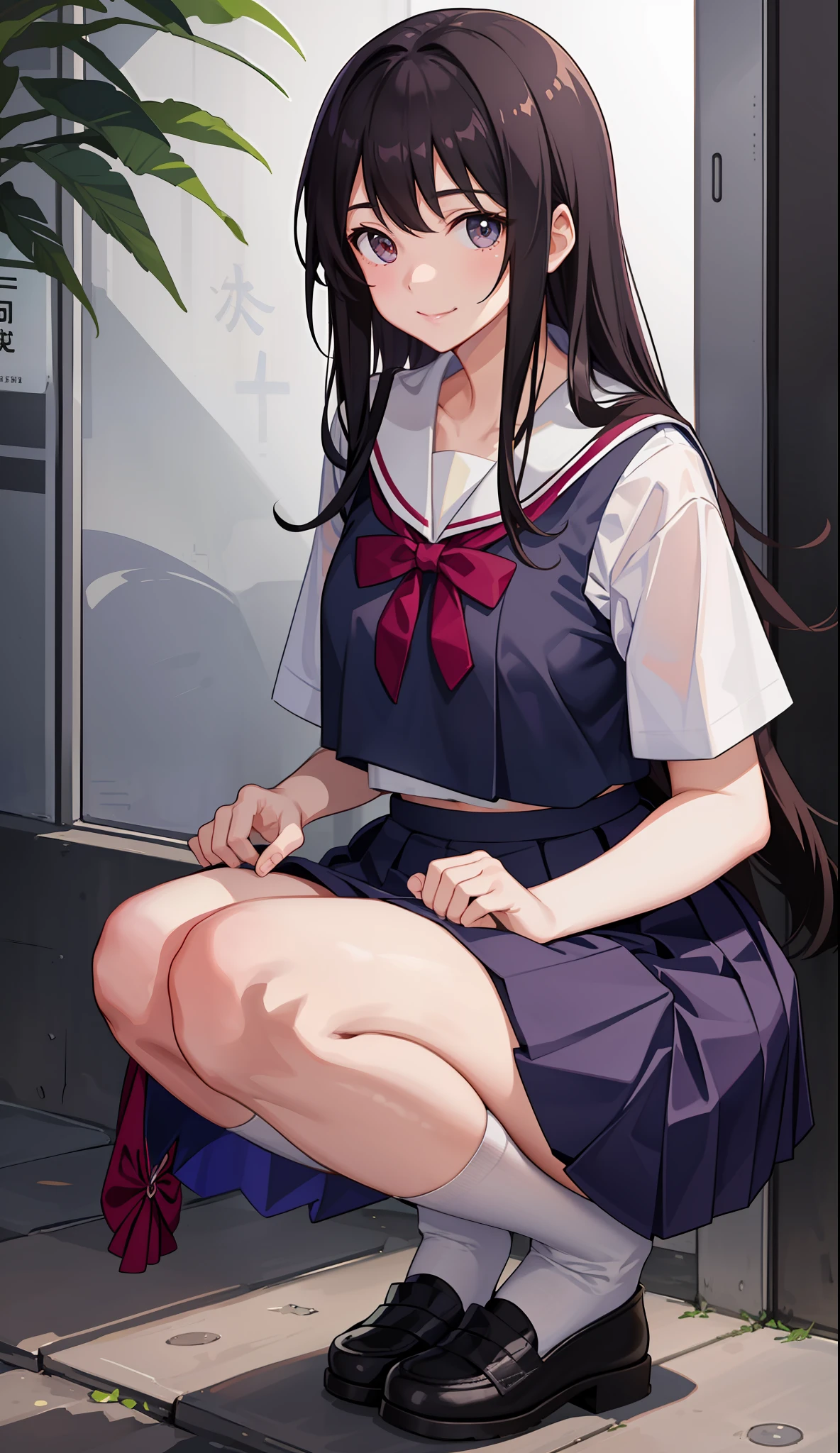 1girl in、A smile、The shirt、skirt by the、(small tits)Chilarism、Japan High School Student Uniform、serafuku、summer clothing、(Sheer Bra)、Upper body portrait、Squatting panchira、