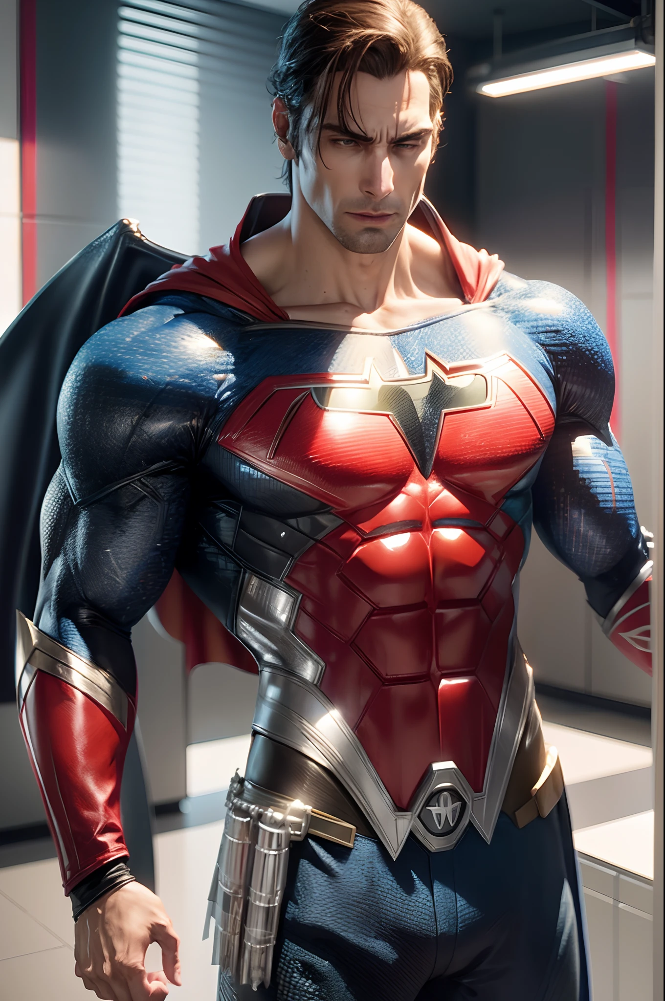 Ultra-realistic Justice League Super Man character, mistura com batman, thor, homem aranha, asas, anjos, tecnologia, perfect  lighting, alta resolução, 8k, realismo, multiverso, luzes, raios, cidade de fundo, muito realista, digital art --auto