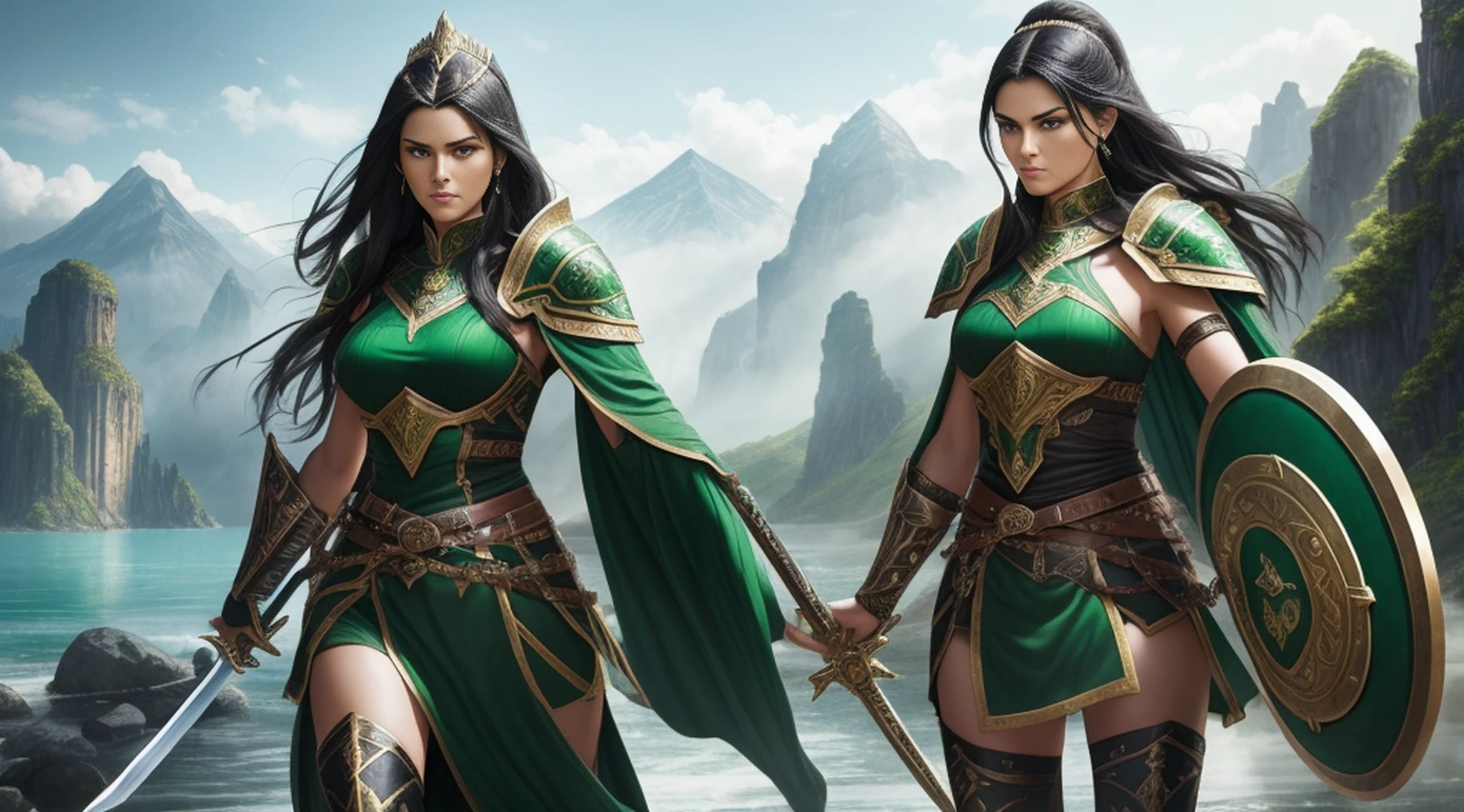 In an epic setting, A tall warrior queen woman, with emerald green armor, with black hair, green eyes, female face, (holding a sword and shield), distance in a landscape, water, (extremely detailed 8k CG unit wallpaper), most beautiful artworks in the world, majestic oil painting professional, intricate, high detail, sharp focus,  dramatic and photorealistic painting art --auto