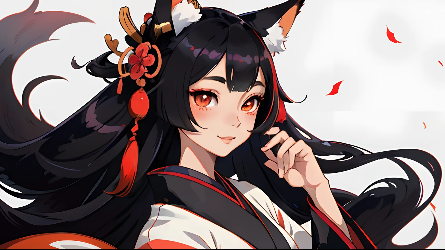 High quality, masutepiece, 1girl in, Fox Woman、Very beautiful adult woman、A detailed face、high-level image quality、细致背景、She wears a very beautiful red kimono、Sleepy face、very long beautiful black hair、Her eyes are beautiful orange.、The inside of the eye shines like a diamond、Fox ears are white、Bust D、(very long and beautiful shiny black hair,,,,,,,,,,,,)(Fox ears are white)、Very beautiful female anime girl with long black hair and red and white kimono, portrait onmyoji, onmyoji detailed art, Onmyoji, artgerm and atey ghailan, anime style 4 k, Anime girl with fox ears, beautiful anime catgirl, anime style artwork, by Yang J, digital anime illustration, portrait of ahri, anime style illustration、Cheerful pose、Background Shrine、little smiling
