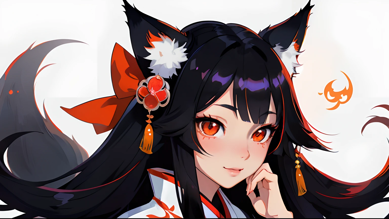 High quality, masutepiece, 1girl in, Fox Woman、Very beautiful adult woman、A detailed face、high-level image quality、细致背景、She wears a very beautiful red kimono、Sleepy face、very long beautiful black hair、Her eyes are beautiful orange.、The inside of the eye shines like a diamond、Fox ears are white、Bust D、(very long and beautiful shiny black hair,,,,,,,,,,,,)(Fox ears are white)、Very beautiful female anime girl with long black hair and red and white kimono, portrait onmyoji, onmyoji detailed art, Onmyoji, artgerm and atey ghailan, anime style 4 k, Anime girl with fox ears, beautiful anime catgirl, anime style artwork, by Yang J, digital anime illustration, portrait of ahri, anime style illustration、Cheerful pose、Background Shrine、little smiling