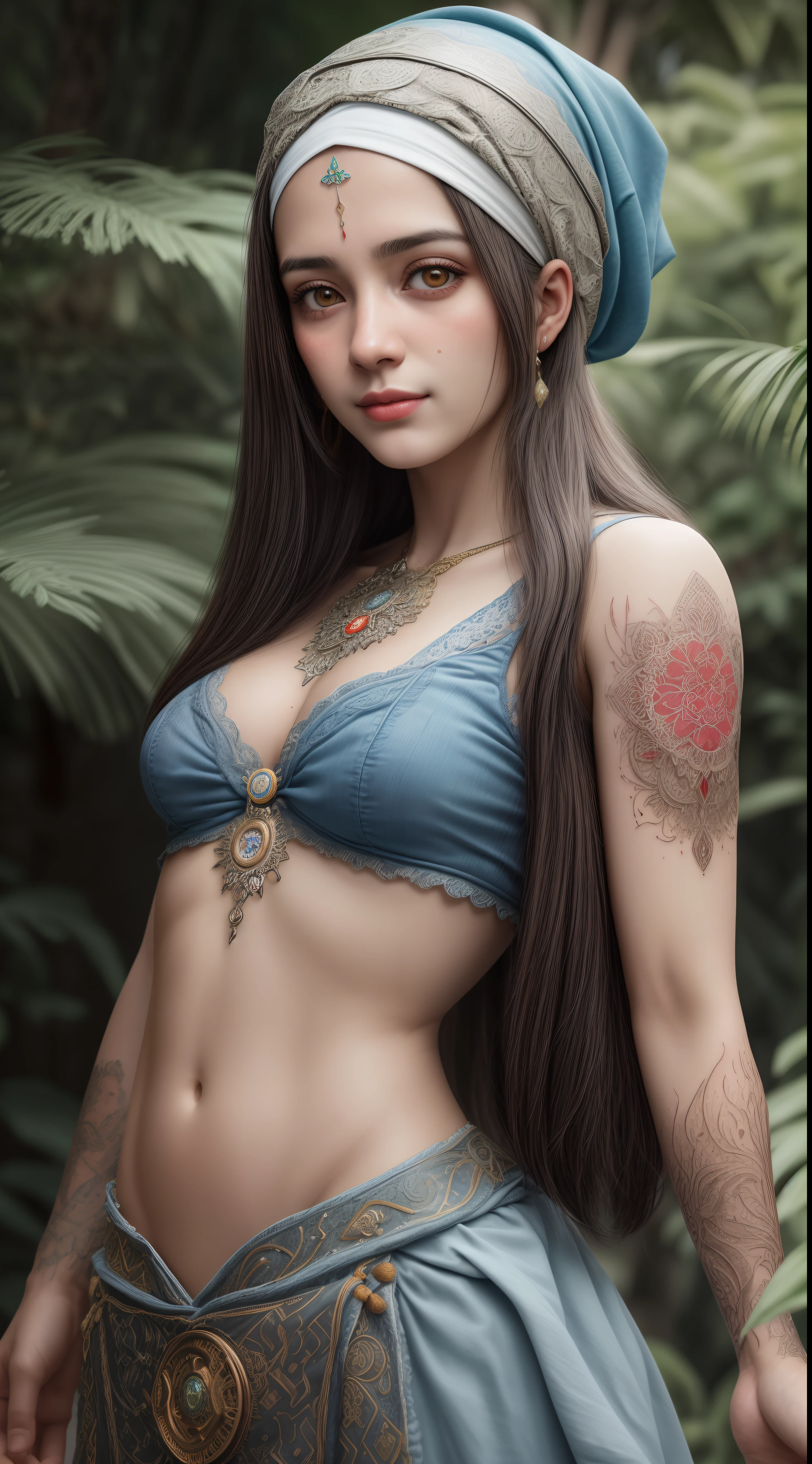 Retrato de uma jovem mexicana de 18 anos sorrindo, tatuagens , olhos grandes azuis,boca carnuda com batom vermelho, with the medallion on the neck,brinco, penetrante , seios grandes, sweaty skin with imperfections,Tatuada no rosto, ((cabelo curto franja )),( wearing a headscarf)detalhes intricados ( 8k super realista)