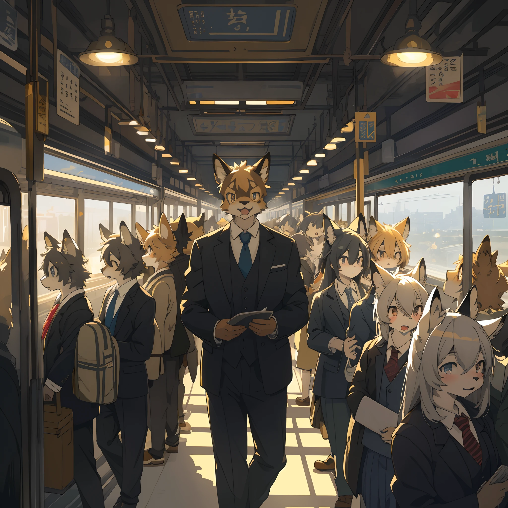top quality, best quality, High-quality illustrations, masterpiece, super high resolution, detailed background, station, train, station shop, student, salary, suits, evening, 6+boys, 6+girls, absurdres(highly detailed beautiful face and eyes)perfect ???????, expression, good lighting, cinematic shadow(kemono, furry anthro)assorted poses, dynamic angle,