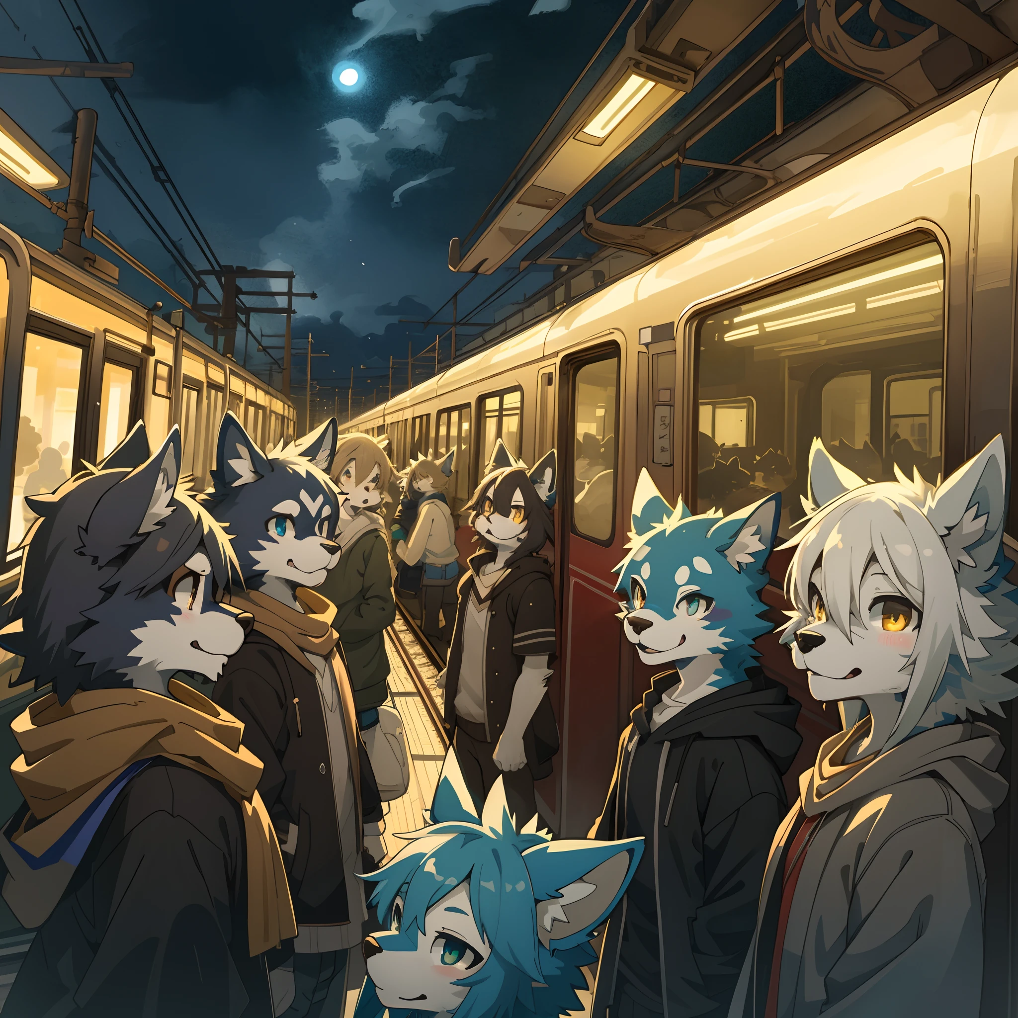 top quality, best quality, High-quality illustrations, masterpiece, super high resolution, detailed background, station, train, station shop, student, evening, 6+boys, 6+girls, absurdres(highly detailed beautiful face and eyes)perfect anatomy, expression, good lighting, cinematic shadow(kemono, furry anthro)assorted poses, dynamic angle,
