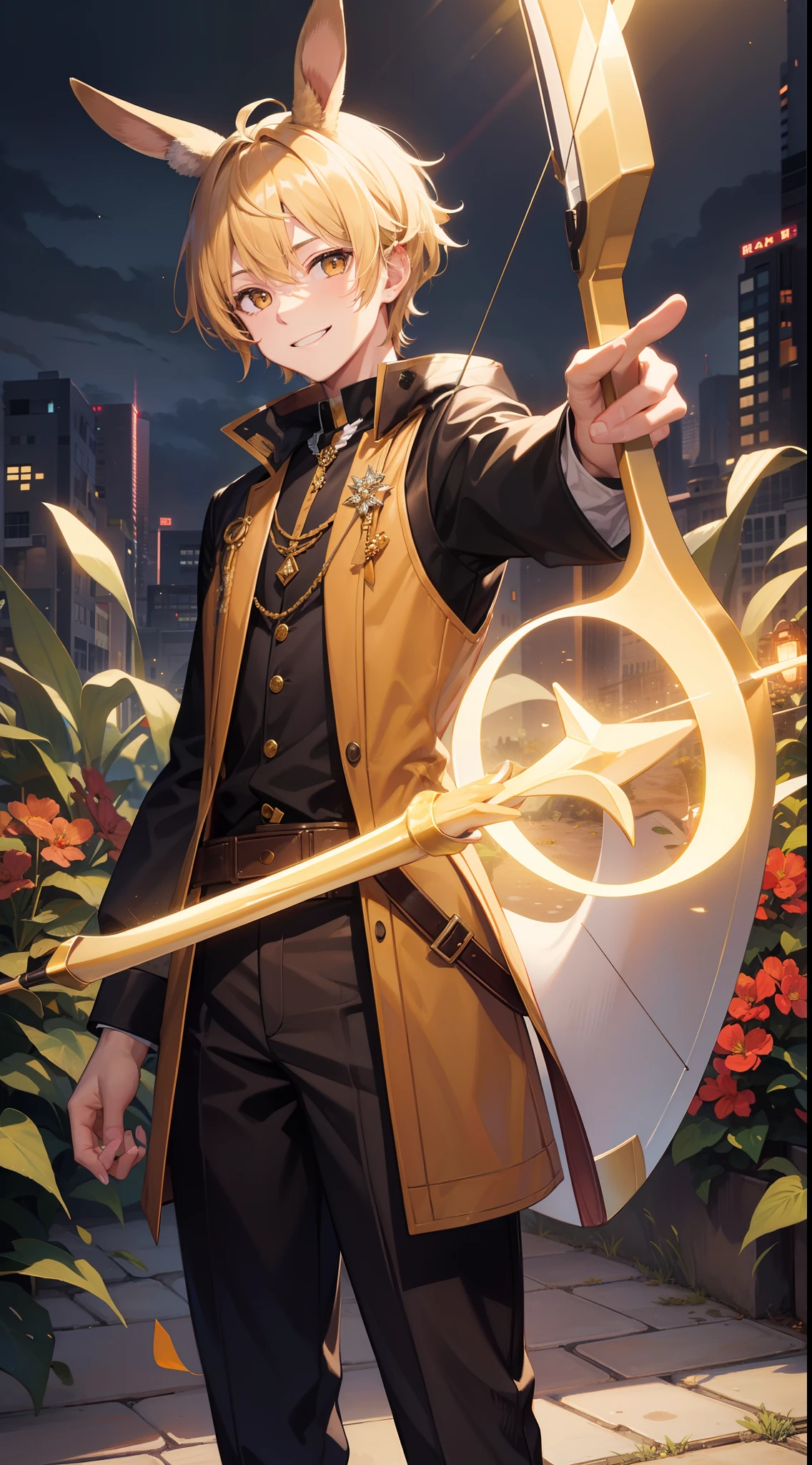 Young guy, blonde hair with brown strands, Yellow eyes, brown rabbit ears, Smile, Bow and arrow, Masterpiece, hiquality