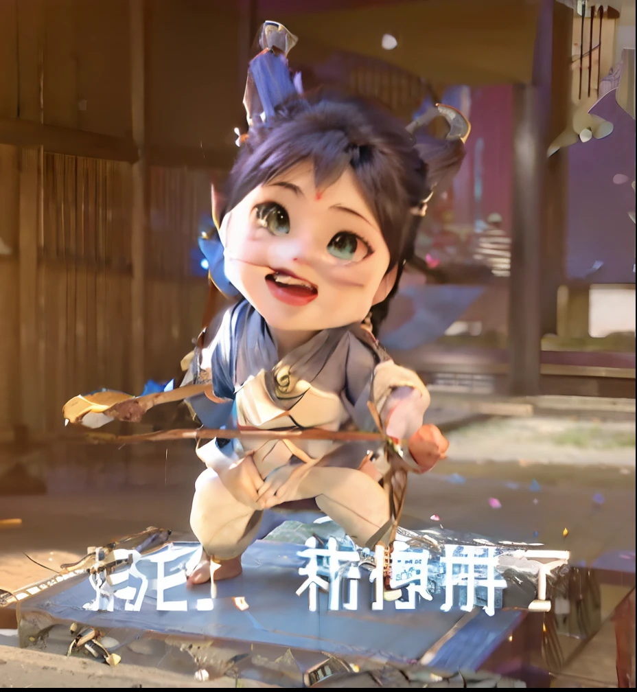 There is a cartoon cat holding a stick, Wang Chen, from overwatch, Cute! C4D, video game cutscene, Chiba Yuda, cute character, low quality video, from league of legends, komono, cgi cutscene, an animated character