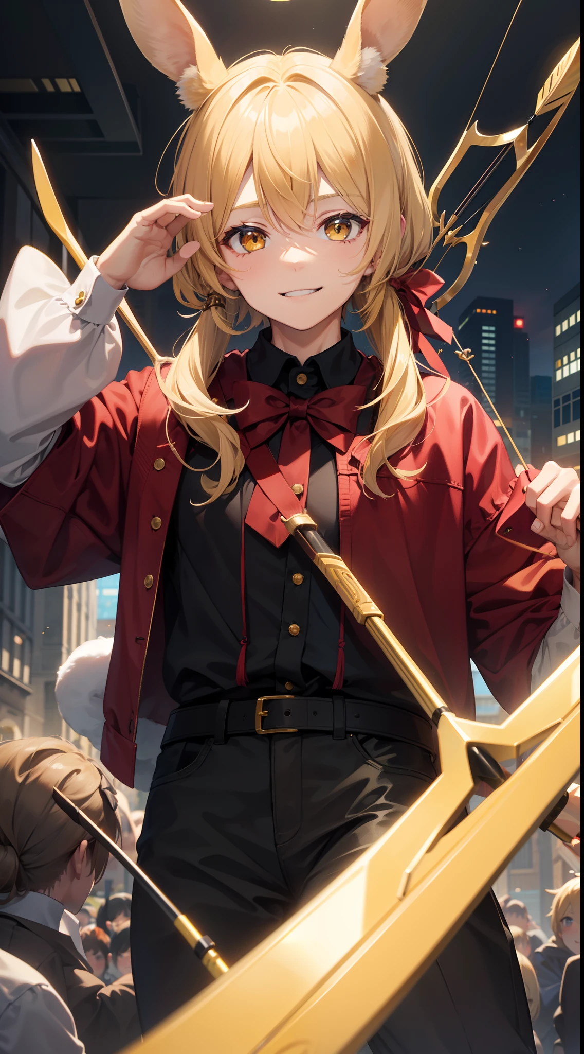 Young guy, blonde hair with brown strands, Yellow eyes, brown rabbit ears, Smile, Bow and arrow, Masterpiece, hiquality