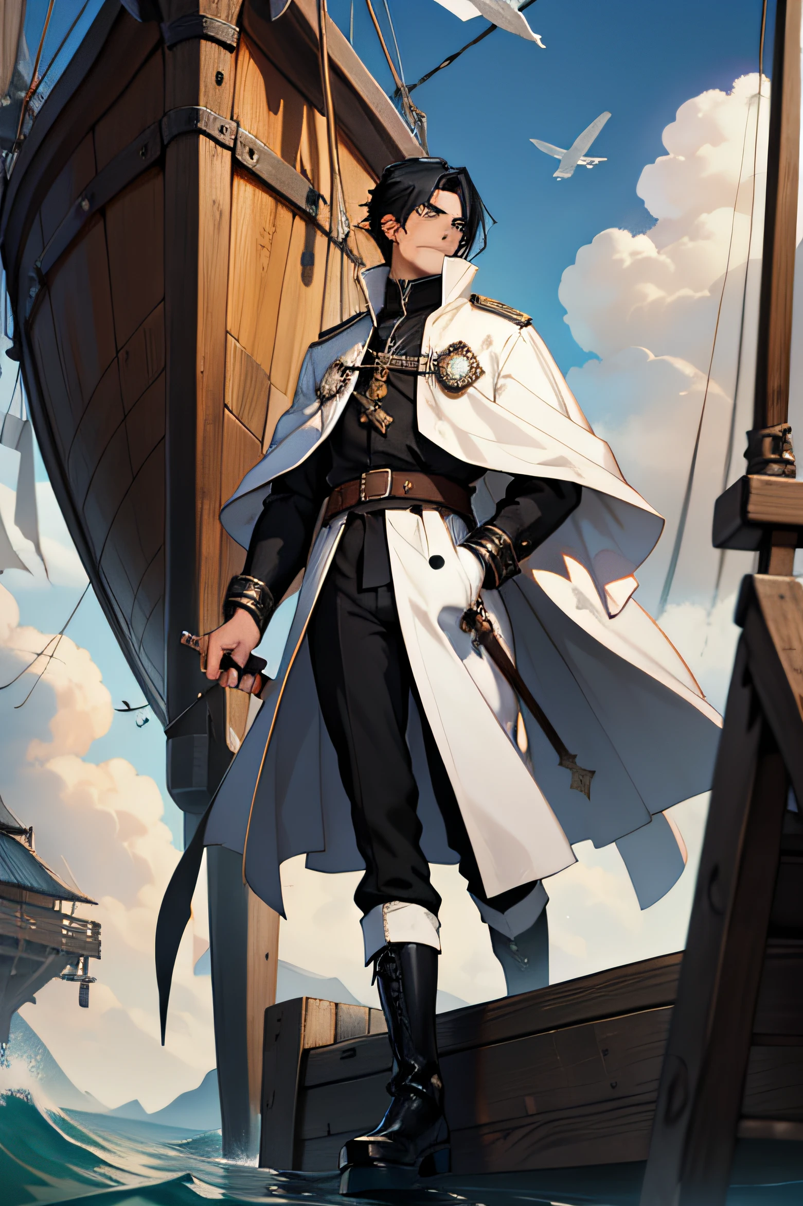 young man with black hair, a nobleman's white overcoat, and a monocle over his eyes, wearing black boots, on top of a large medieval wooden ship, which flies above the clouds