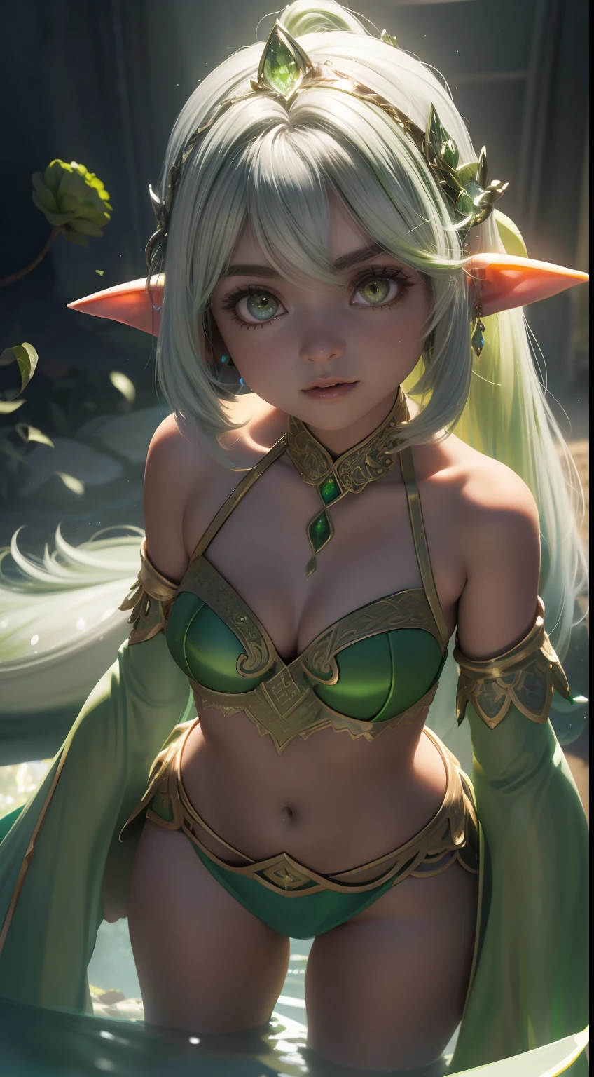 Nahida, ((25 anos)), rabo de cavalo lateral, ornamento de cabelo, gradient hair, Cabelo branco, cabelos verdes, olhos verdes, tiara, sukumizu, cameltoe, ((middlebreasts)), ((cara bonita, recuo da pele, eyes reflection, olhos deslumbrantes, Rim lighting, Sombreamento da pele, sub surface scattering)), (master part, best quality, ray tracing, Volumetric lighting, sao sombras, circunstanciado, intrincado), ((retrato)), ((orelha de elfo))