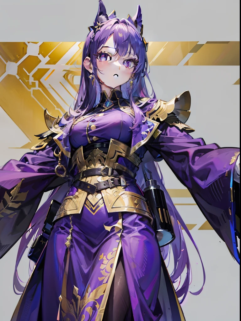 Dressed in purple and gold,Beautiful girl in official uniform,The hair is purple,long whitr hair,The pupils are crimson,The slender waist does not show the figure