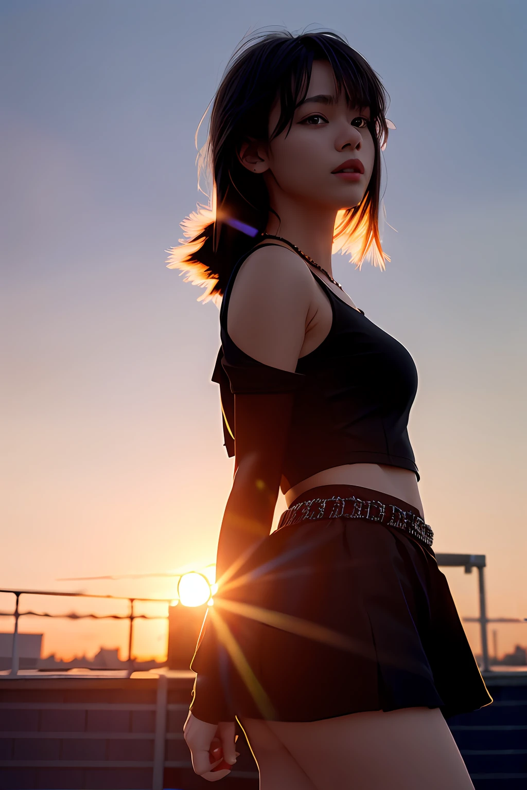 school rooftop, 1girl, silhouette, sunset, chain fence, masterpiece, best quality, highly detailed, cinematic lighting, 4k, dynamic angle, dynamic pose, particles, bokeh, film grain,