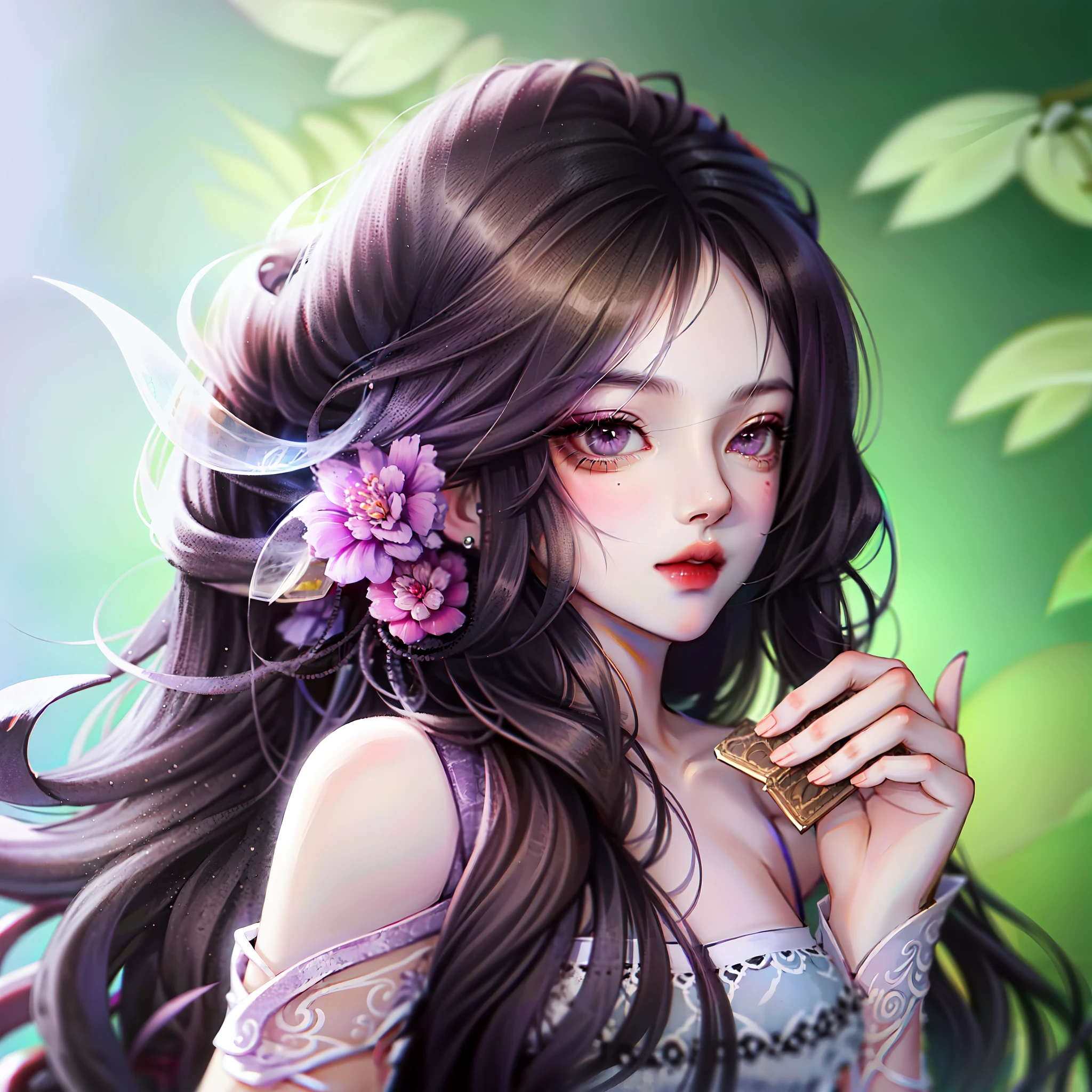Tan skin, one purple eye one green eye, furry spider legs, Victorian style dress, long black hair ,1 girl