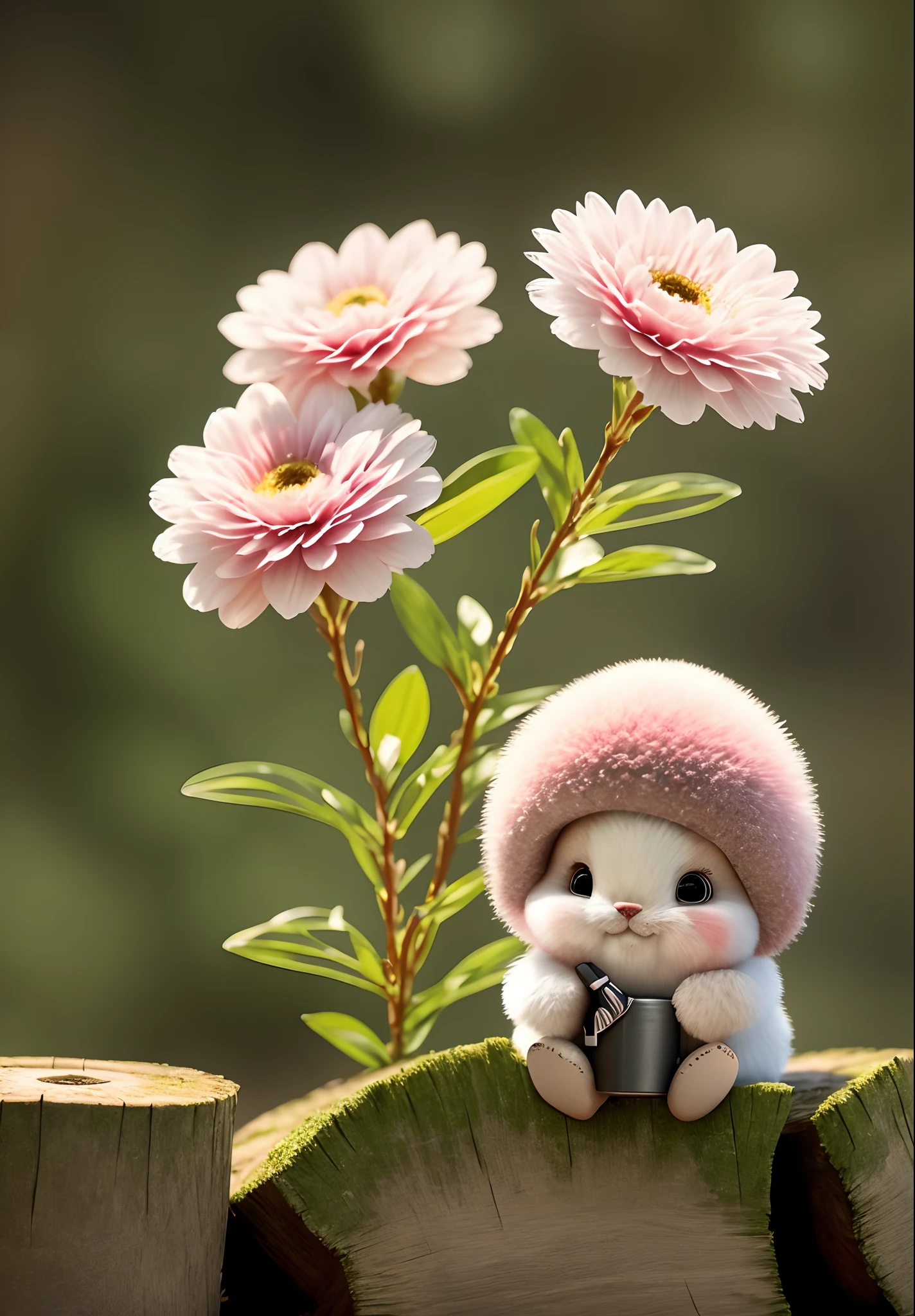 holding camera, tree_stump, flowers, adorable , fluffy, photorealistic, soft lighting,