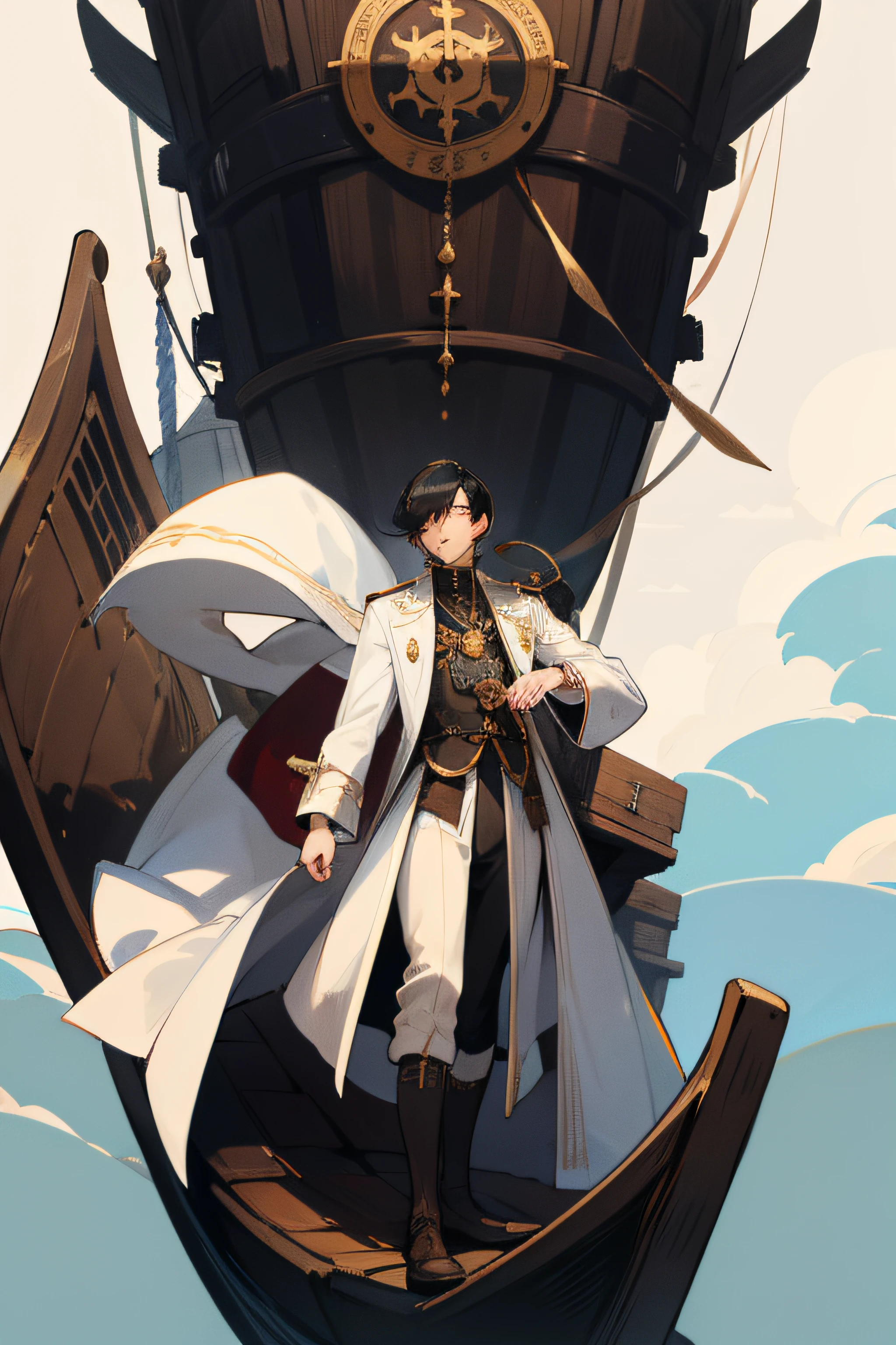 young man with black hair, a nobleman's white overcoat, and a monocle over his eyes, wearing black boots, on top of a large medieval wooden ship, which flies above the clouds
