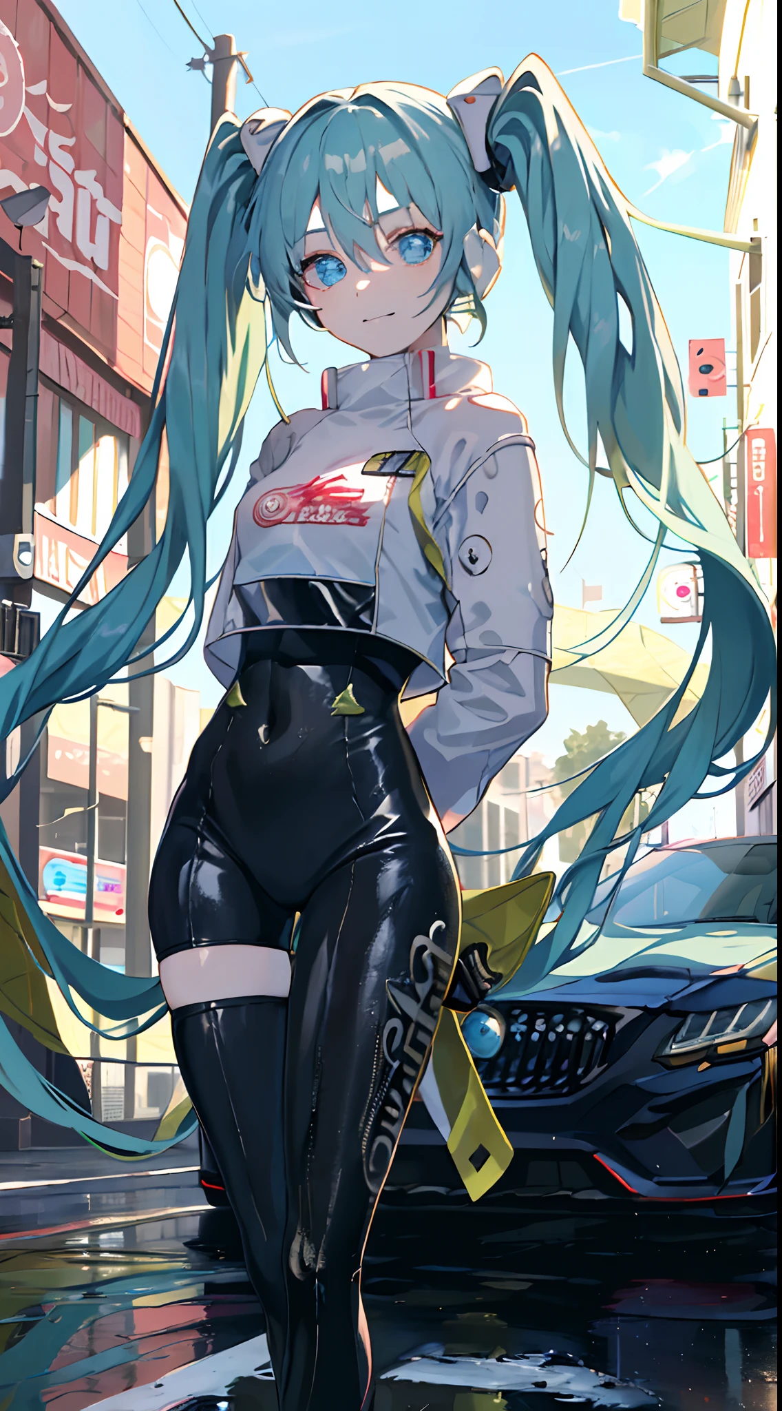 (Masterpiece, Best Quality), Backlight, Lens Flare, Wide Shot, Fisheye , (Face Focus, Depth of Field, Closeup: 1.5), Super Detail, Illustration, Colorful, (Fault Color: 1.3), (Imidshot: 1.3), Video, Wide Angle, Top Body, (((1girl))), (standing, stand in front of a car:2), (1car), NSX, Miku Hatsune, immaculate, dark green hair, twin tails, very long hair, arms behind back, blue eyes, glowing eyes, relaxed face, hair between eyebrows, glowing hair, glowing skin, light smile, black bodysuit, cropped jacket, white jacket, thigh-high boots, bright, beautiful details sky, city, street,