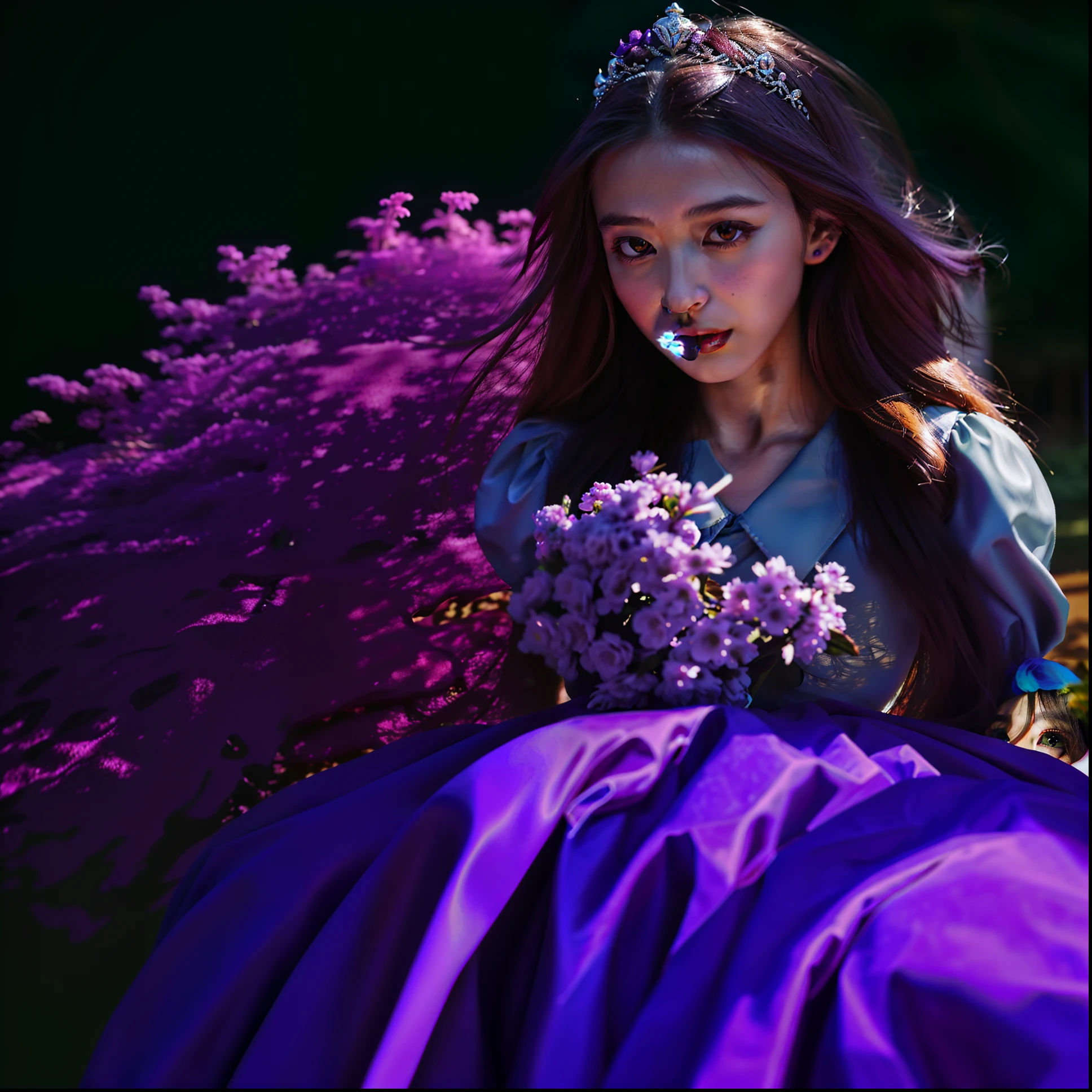 Kizi，23years old，French flower princess Elina，Works of masters，Best image quality，Higher quality，high detal，超高分辨率，8K分辨率，Exquisite facial features，schoolgirls ，Glowing eyes，long whitr hair，the detail，Mandala fairy，purpleish color，Blackened，unholy